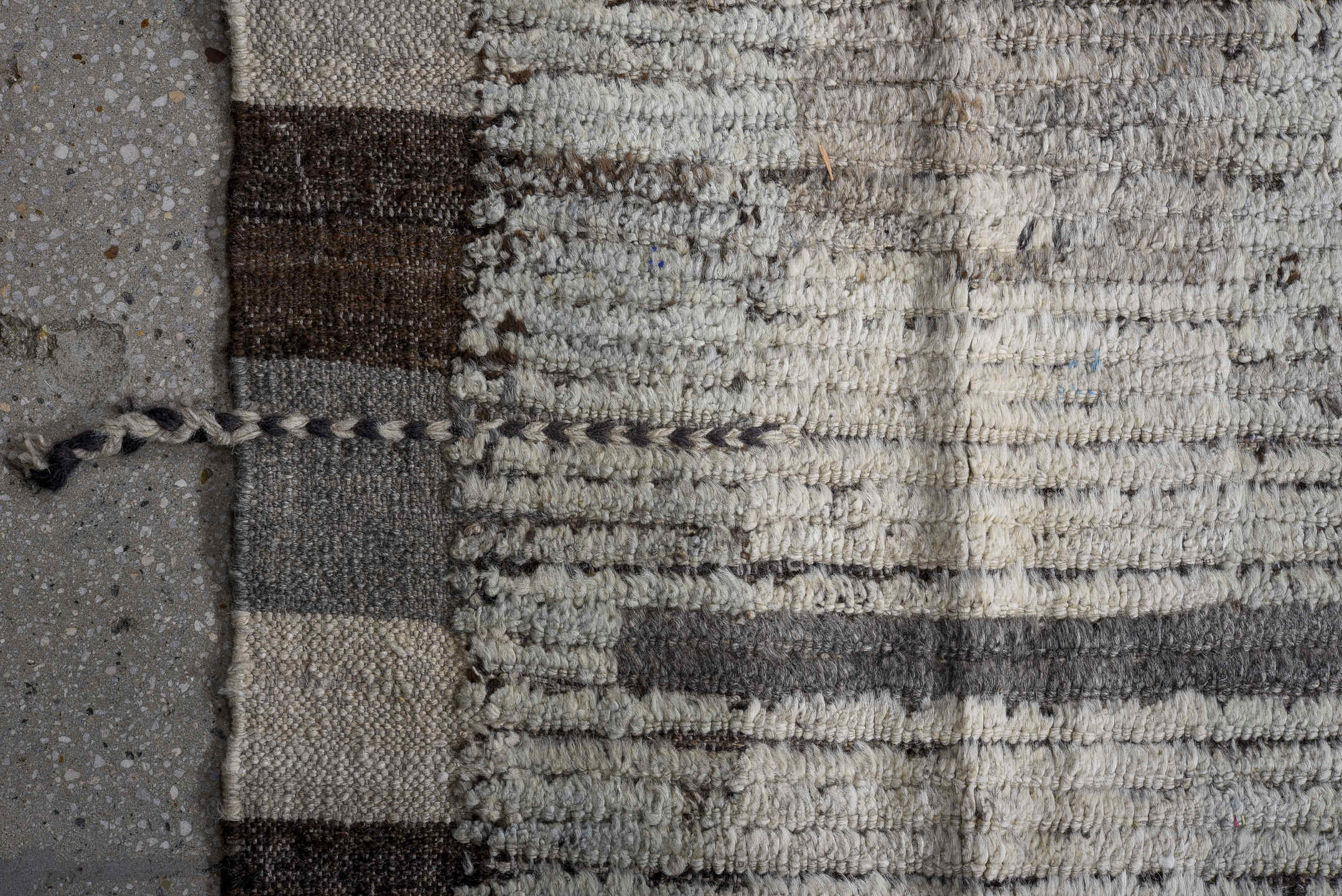 15' x 16' one-of-a-kind handmade vintage Tulu oversize rug. Color palette: gray, ivory, sky blue, charcoal, slate, taupe
