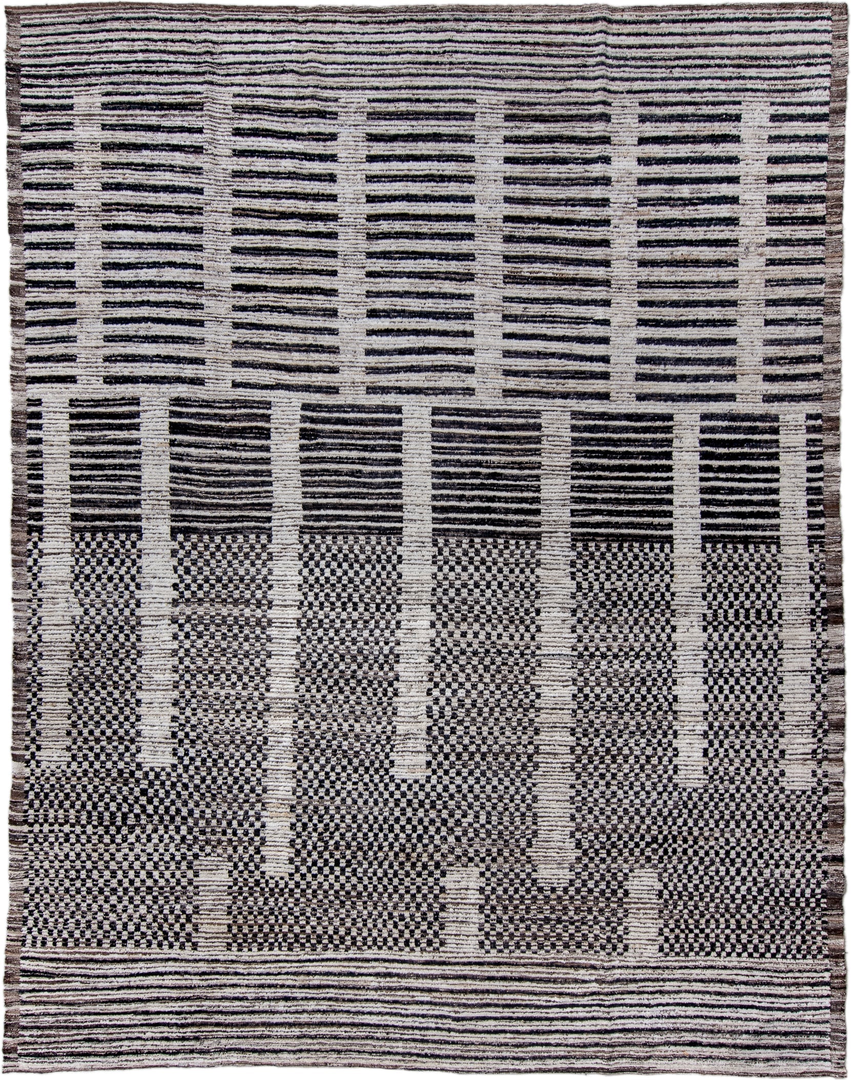 9' x 12' one-of-a-kind handmade vintage Tulu large size rug. Color palette: ivory, charcoal, brown, taupe, gray, black