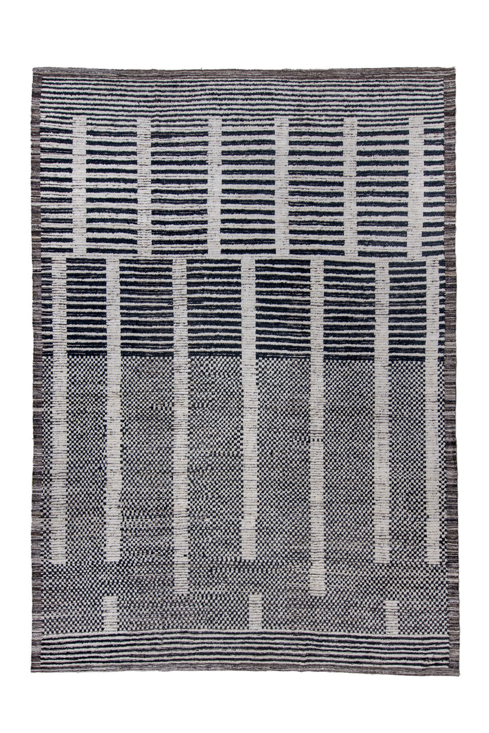 10' x 14' one-of-a-kind handmade vintage Tulu large size rug. Color palette: black, blue, charcoal, dark gray, dim gray
