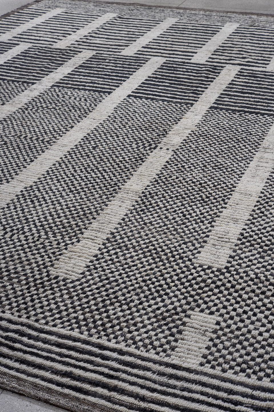 10' x 14' one-of-a-kind handmade vintage Tulu large size rug. Color palette: ivory, charcoal, slate, taupe, gray, black