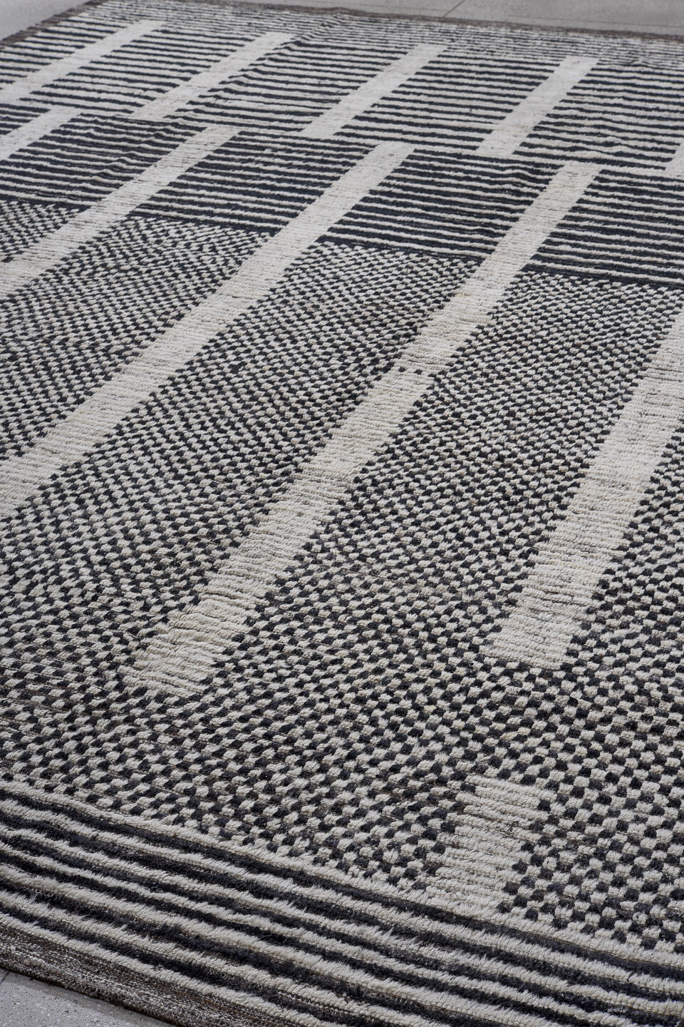 10' x 14' one-of-a-kind handmade vintage Tulu large size rug. Color palette: ivory, charcoal, slate, taupe, gray, black