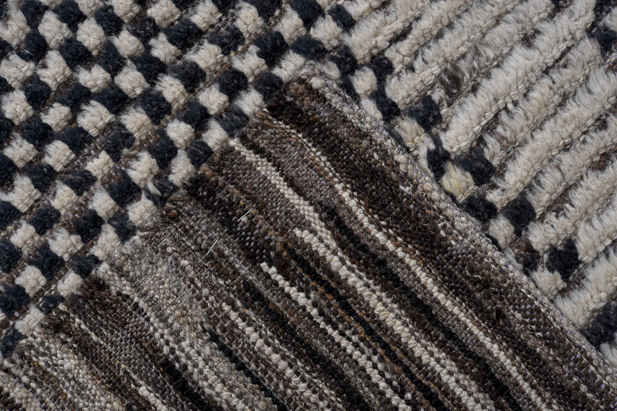 10' x 14' one-of-a-kind handmade vintage Tulu large size rug. Color palette: ivory, charcoal, slate, taupe, gray, black