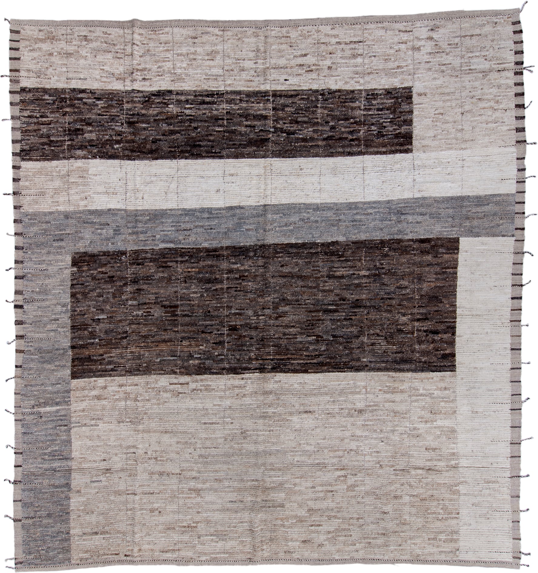 13' x 14' one-of-a-kind handmade vintage Tulu oversize rug. Color palette: ivory, charcoal, taupe, gray, brown, black, beige