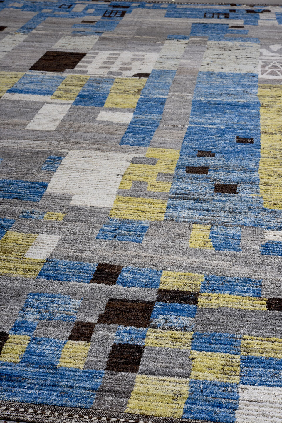 14' x 16' one-of-a-kind handmade vintage Tulu oversize rug. Color palette: gray, blue, ivory, soft yellow, charcoal, white