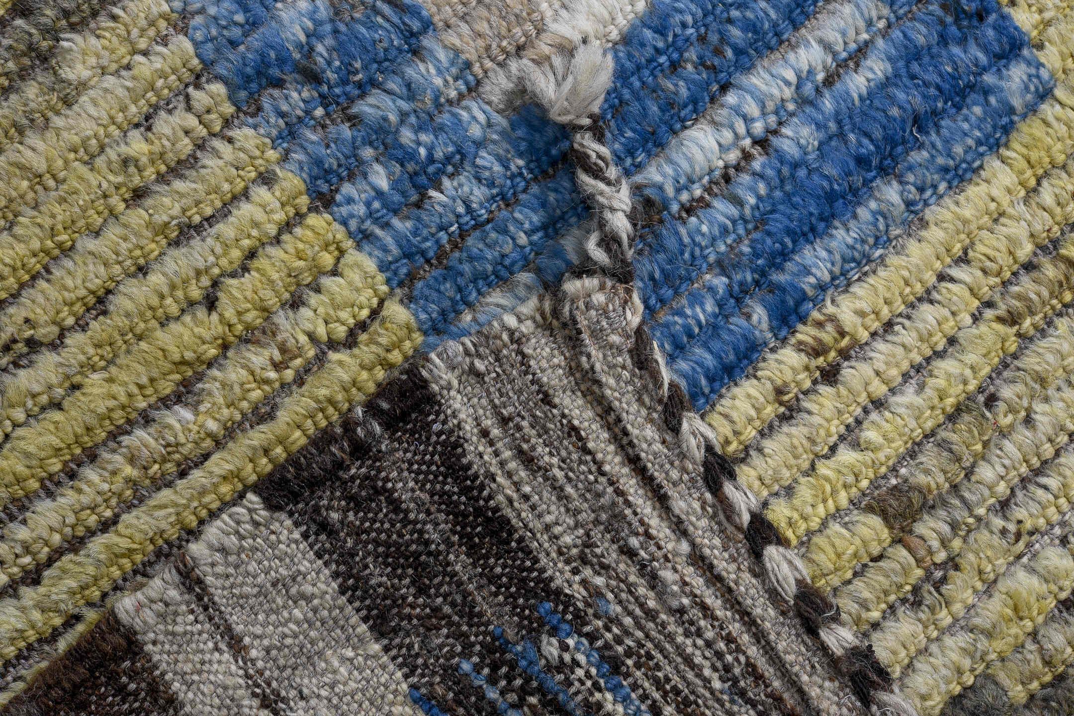 14' x 16' one-of-a-kind handmade vintage Tulu oversize rug. Color palette: gray, blue, ivory, soft yellow, charcoal, white