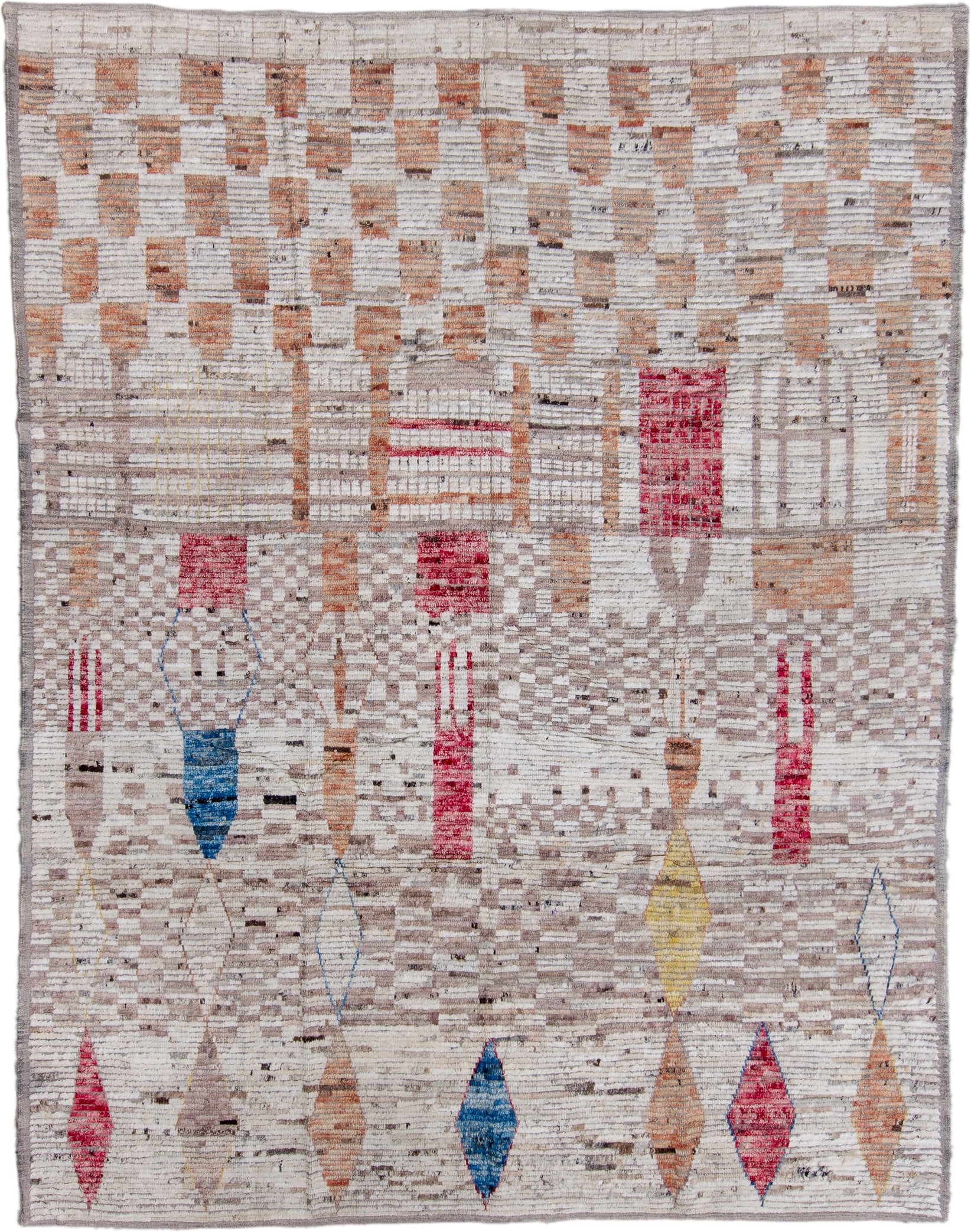 8' x 11' one-of-a-kind handmade vintage Tulu large size rug. Color palette: ivory, taupe, camel, rose, blue, yellow, gray