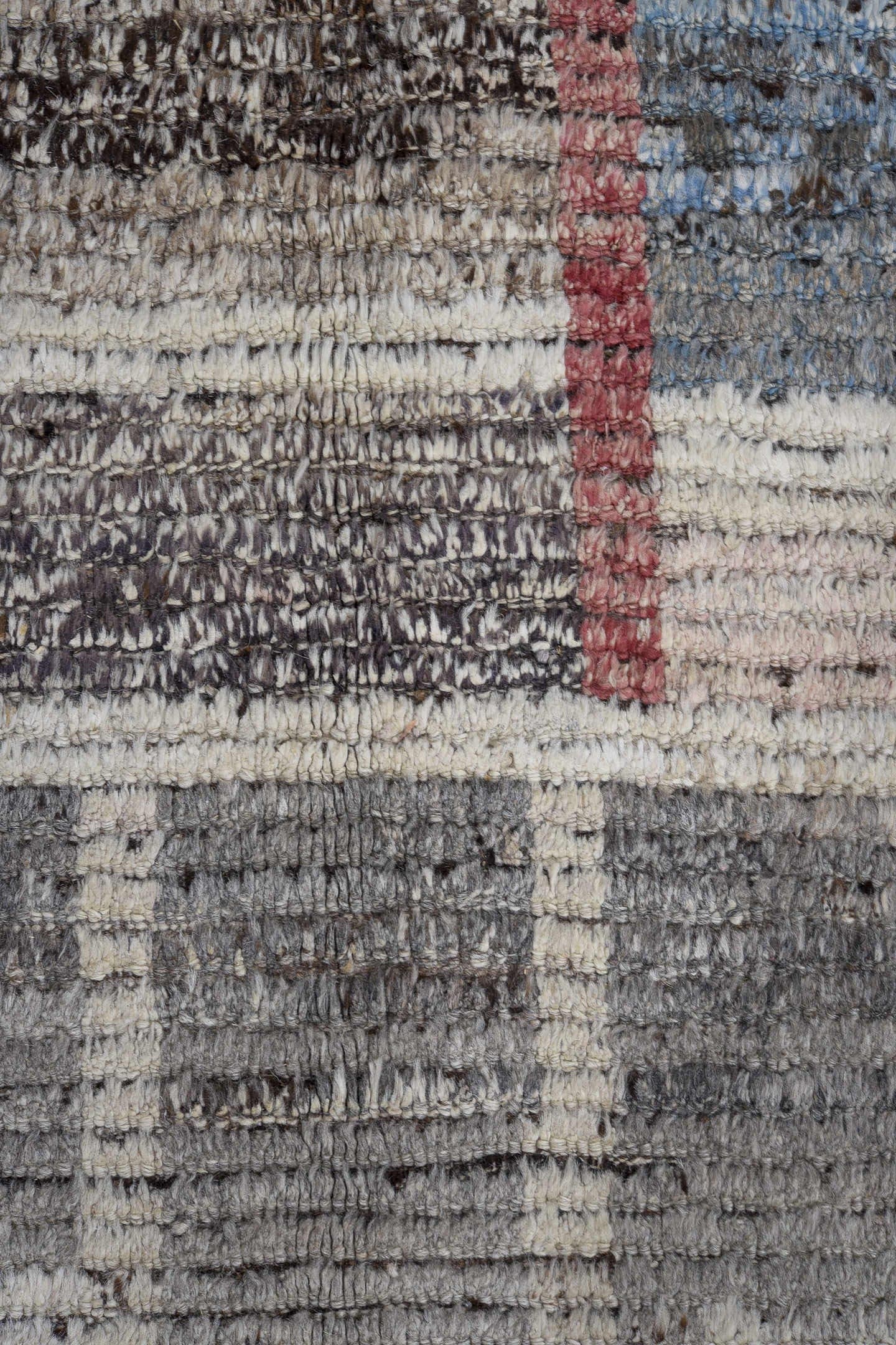 9' x 12' one-of-a-kind handmade vintage Tulu large size rug. Color palette: ivory, gray, charcoal, sky blue, burgundy, rose