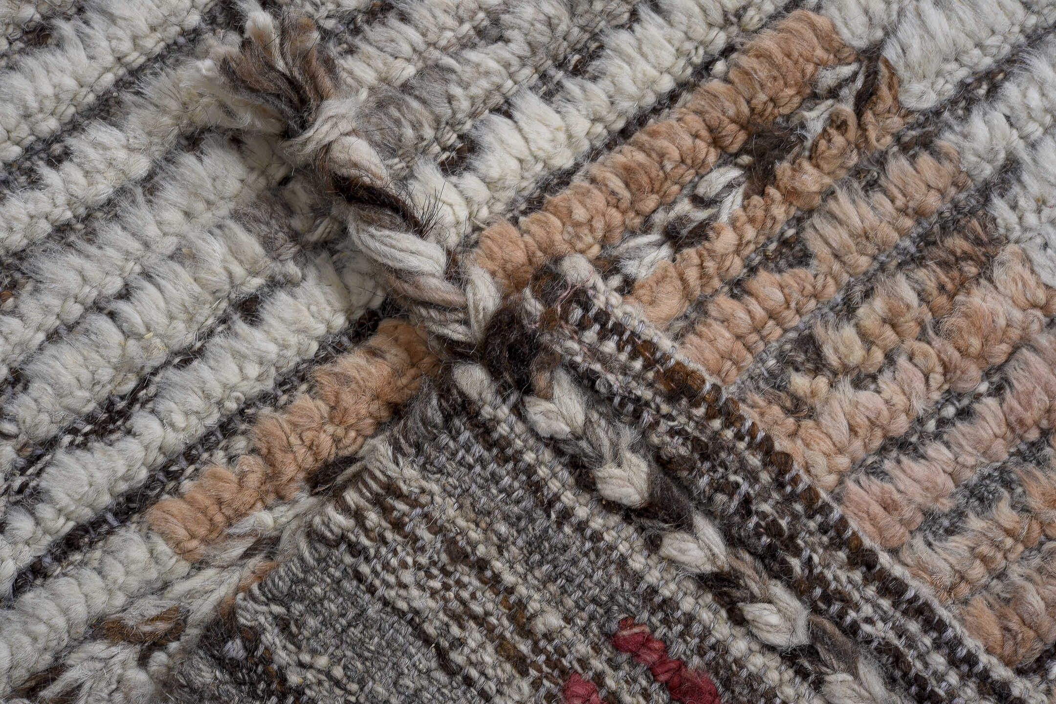 9' x 12' one-of-a-kind handmade vintage Tulu large size rug. Color palette: ivory, gray, charcoal, sky blue, burgundy, rose