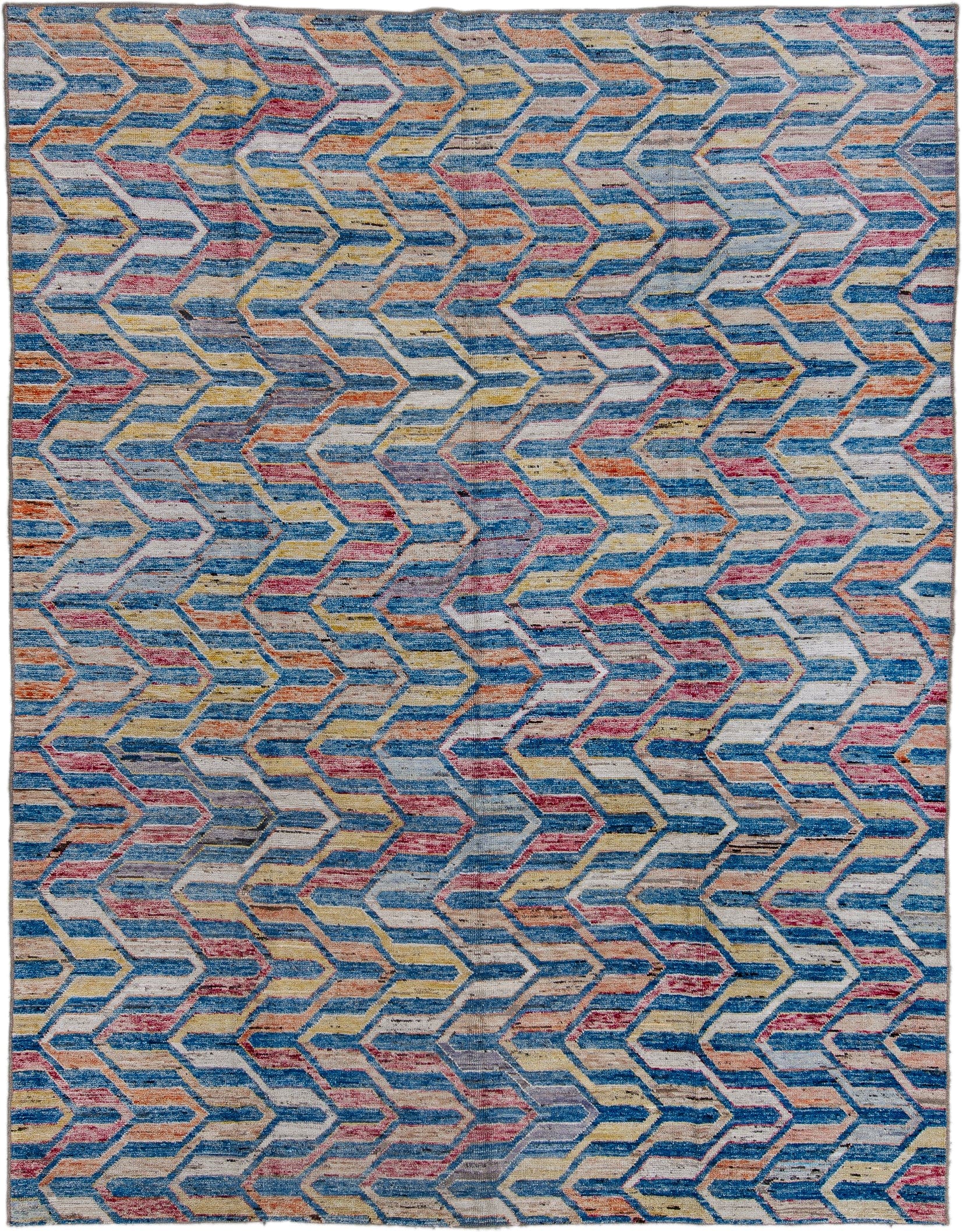 9' x 11' one-of-a-kind handmade vintage Tulu large size rug. Color palette: sky blue, ivory, rose, gold, rust, slate