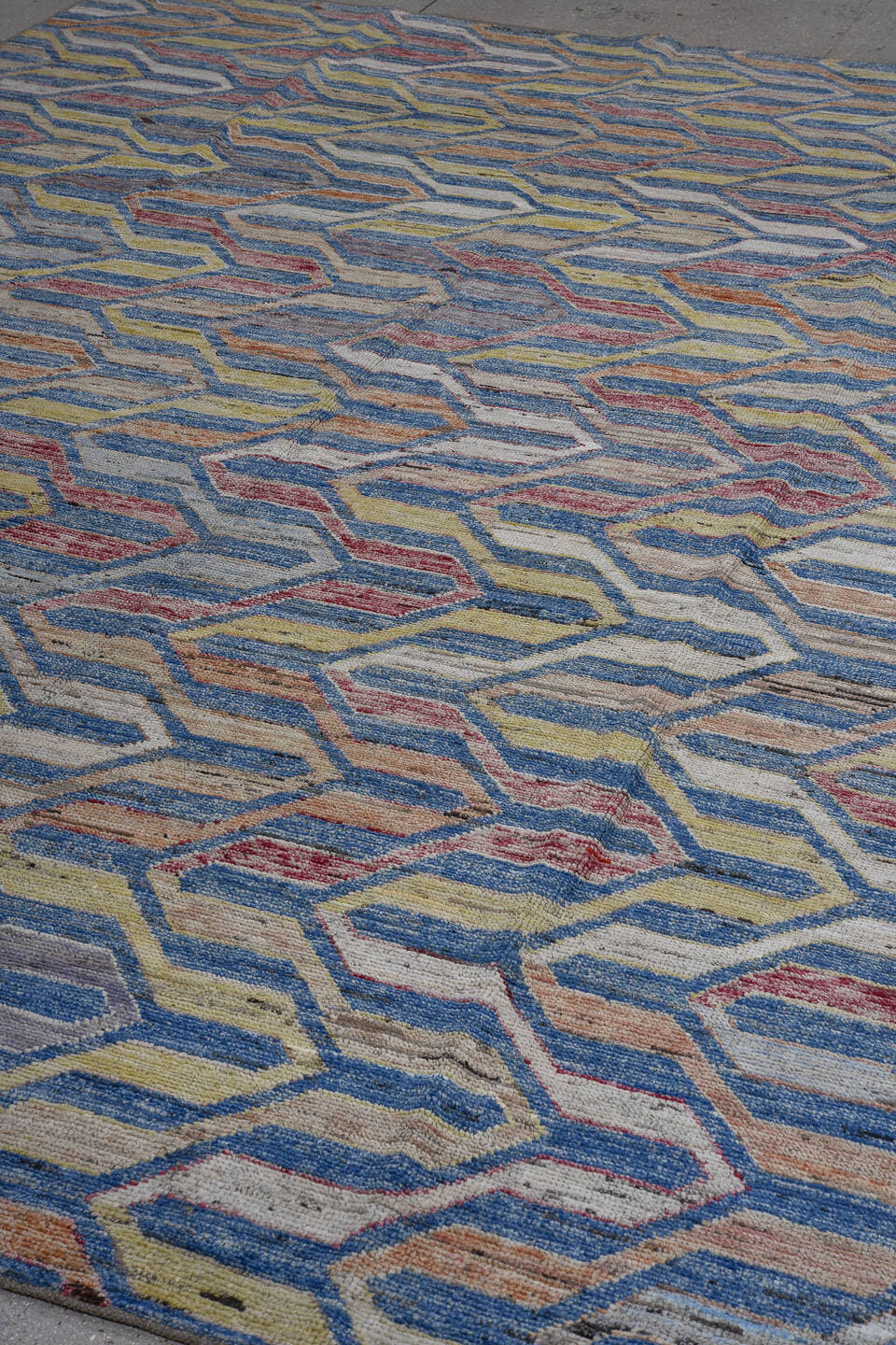 9' x 11' one-of-a-kind handmade vintage Tulu large size rug. Color palette: sky blue, ivory, rose, gold, rust, slate