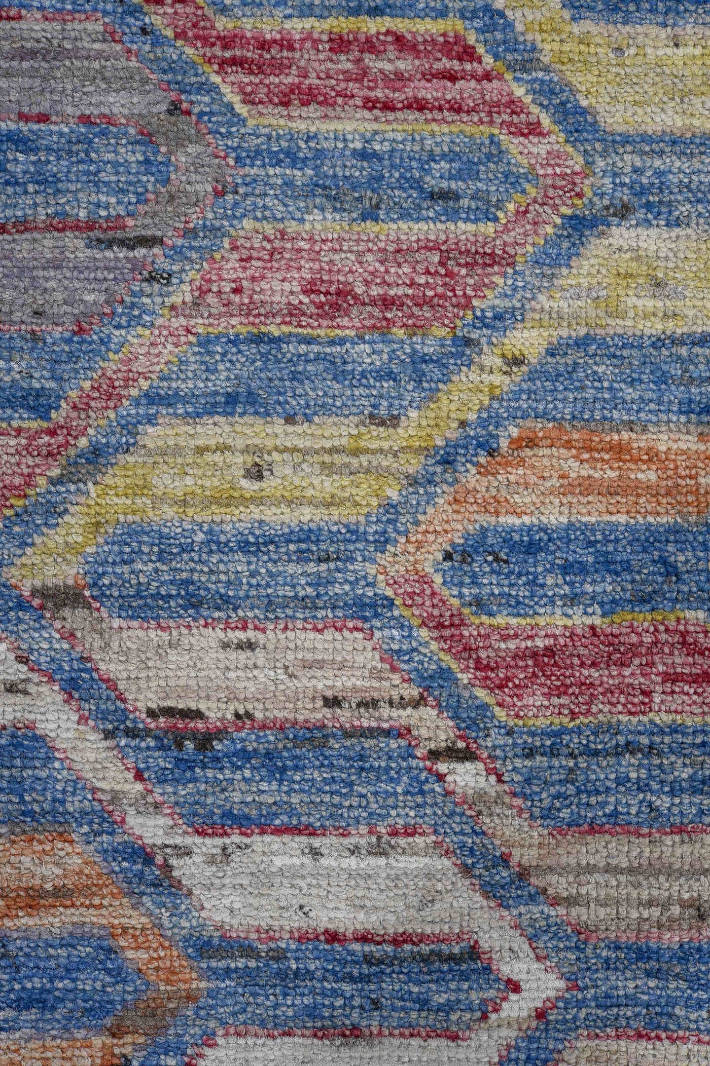 9' x 11' one-of-a-kind handmade vintage Tulu large size rug. Color palette: sky blue, ivory, rose, gold, rust, slate
