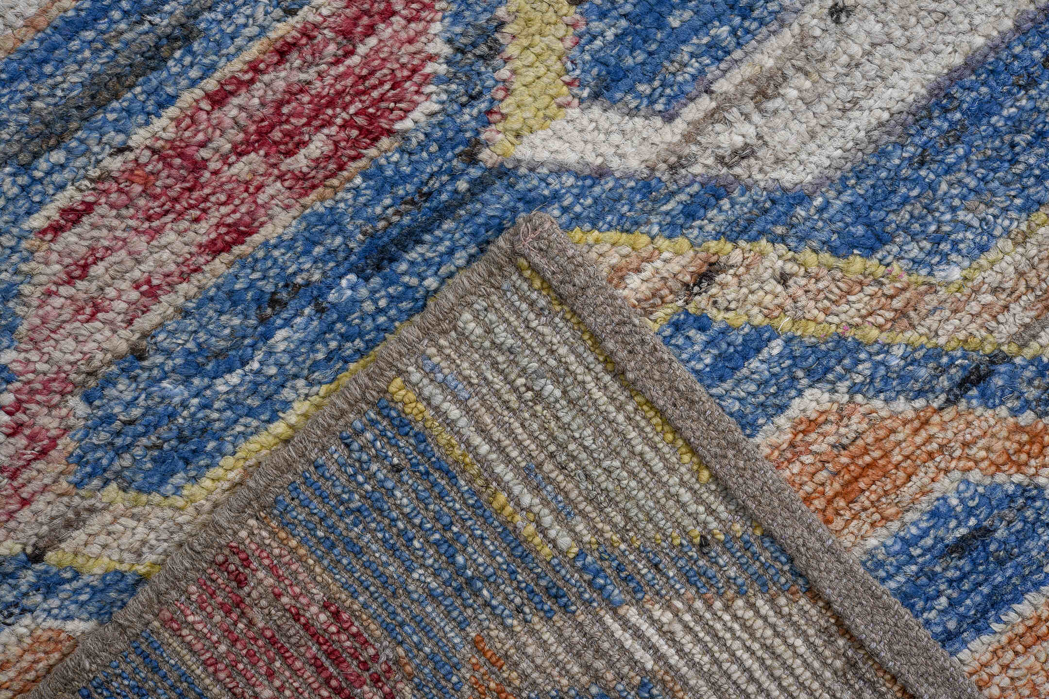 9' x 11' one-of-a-kind handmade vintage Tulu large size rug. Color palette: sky blue, ivory, rose, gold, rust, slate