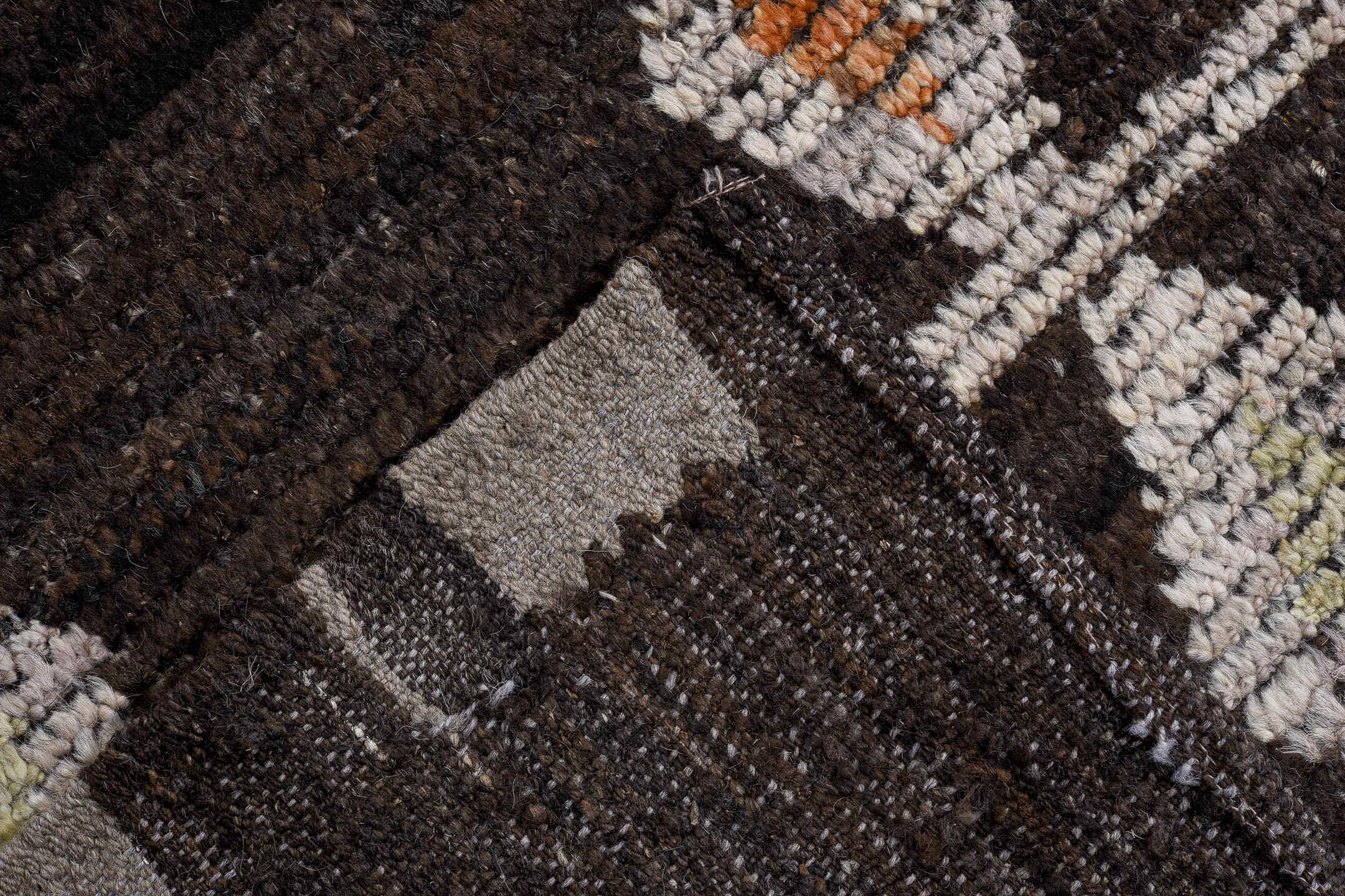 9' x 11' one-of-a-kind handmade vintage Tulu large size rug. Color palette: charcoal, ivory, cobalt, rust, taupe, gray