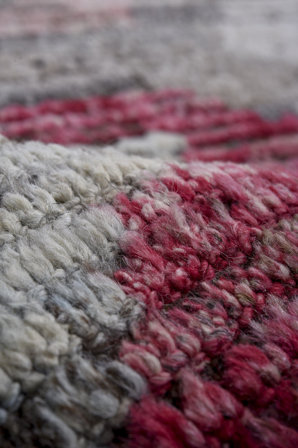 9' x 12' one-of-a-kind handmade vintage Tulu large size rug. Color palette: ivory, gray, charcoal, raspberry, sky blue