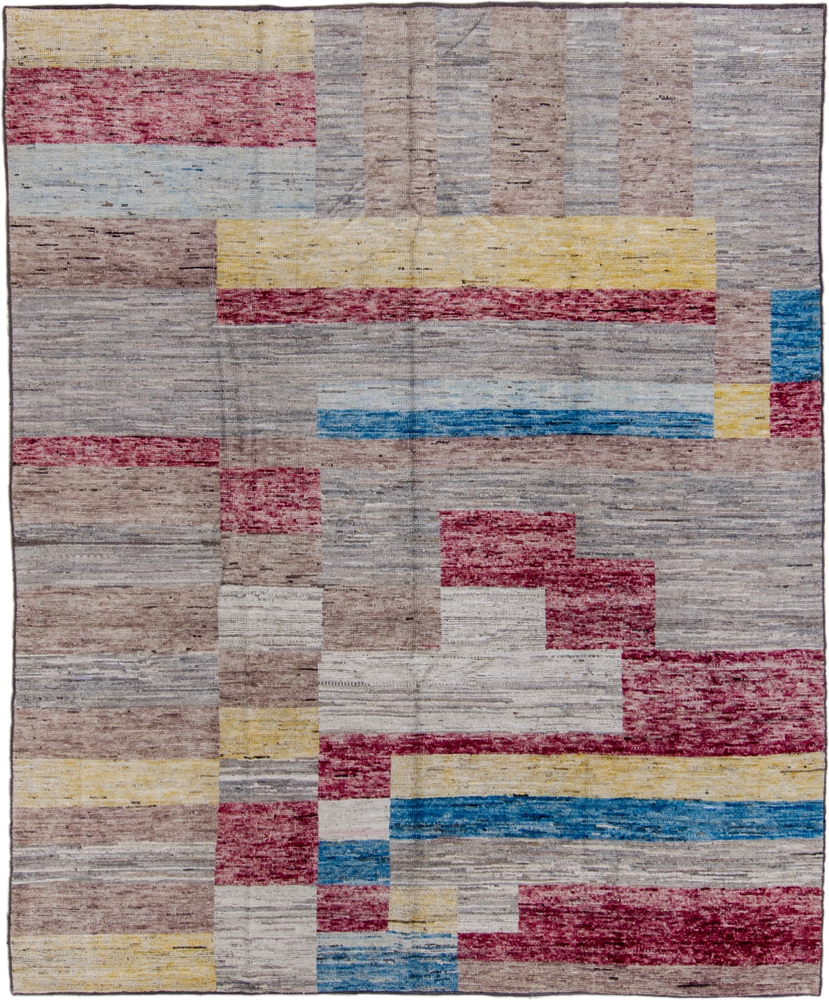 8' x 10' one-of-a-kind handmade vintage Tulu large size rug. Color palette: taupe, ivory, burgundy, blue, saffron, gray