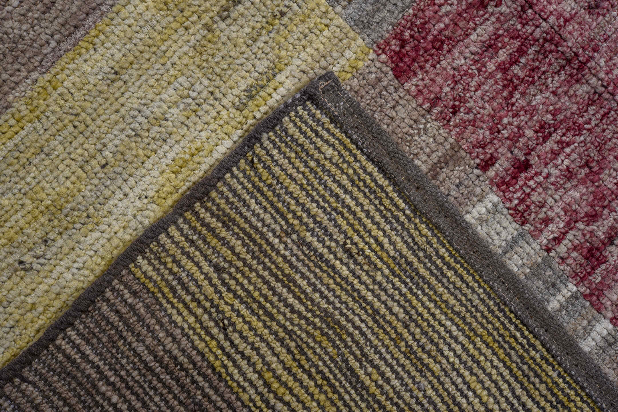 8' x 10' one-of-a-kind handmade vintage Tulu large size rug. Color palette: taupe, ivory, burgundy, blue, saffron, gray