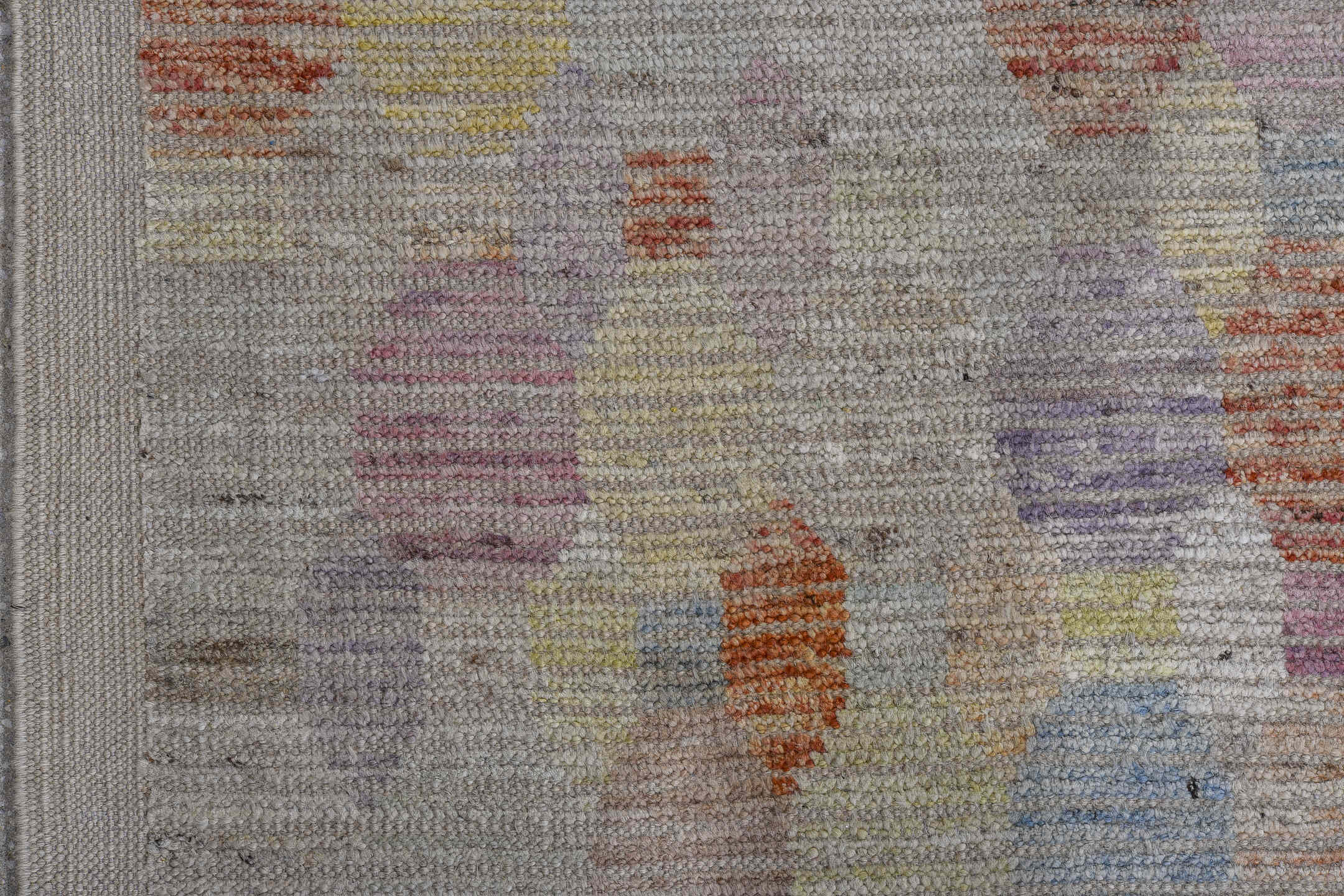 9' x 11' one-of-a-kind handmade vintage Tulu large size rug. Color palette: ivory, taupe, lavender, sky_blue, pale_yellow