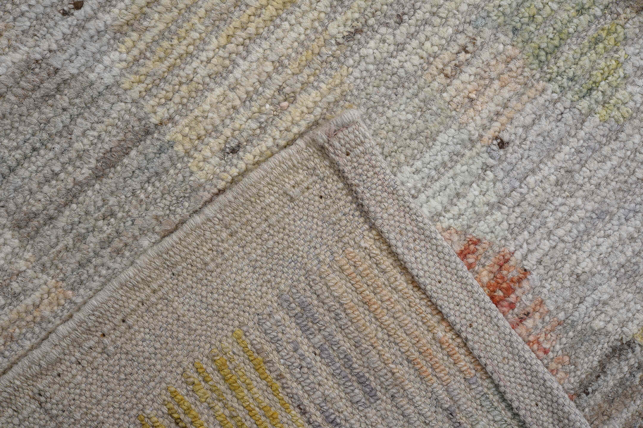 9' x 11' one-of-a-kind handmade vintage Tulu large size rug. Color palette: ivory, taupe, lavender, sky_blue, pale_yellow