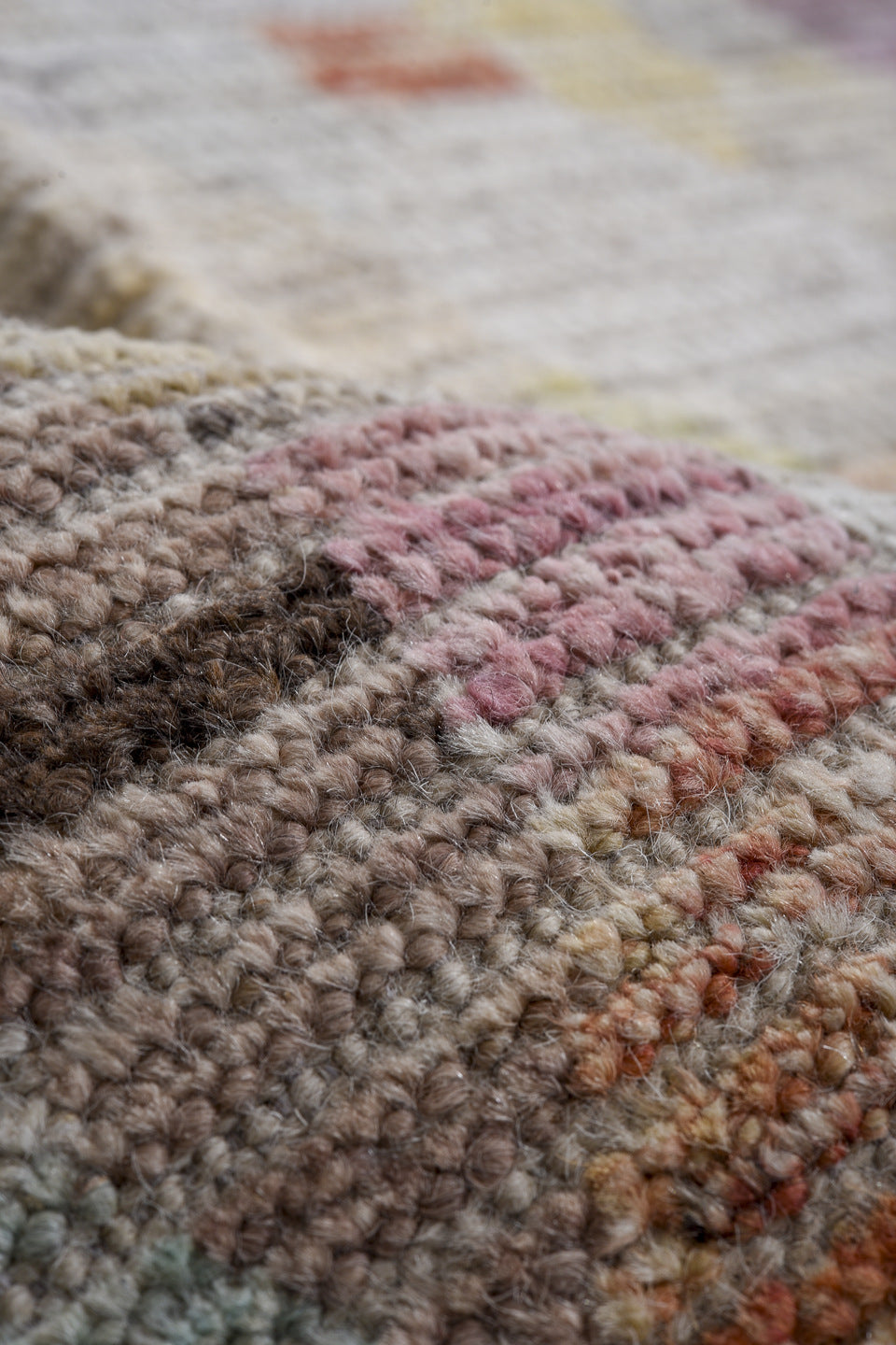 9' x 11' one-of-a-kind handmade vintage Tulu large size rug. Color palette: ivory, taupe, lavender, sky_blue, pale_yellow