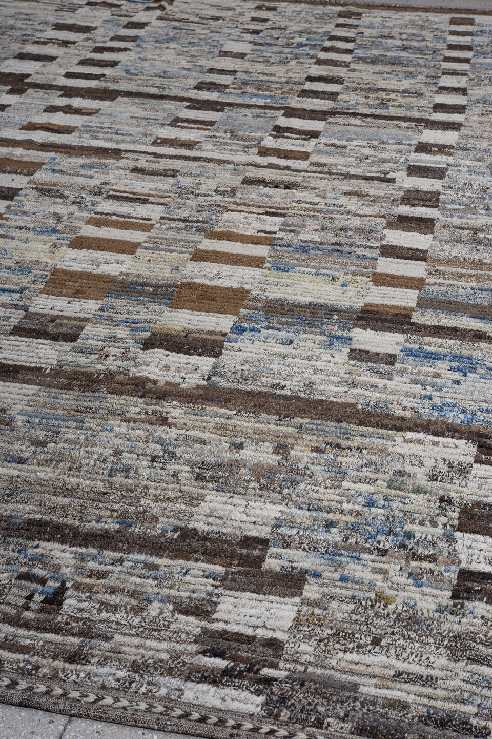 13' x 14' one-of-a-kind handmade vintage Tulu oversize rug. Color palette: ivory, gray, brown, charcoal, sky_blue, taupe