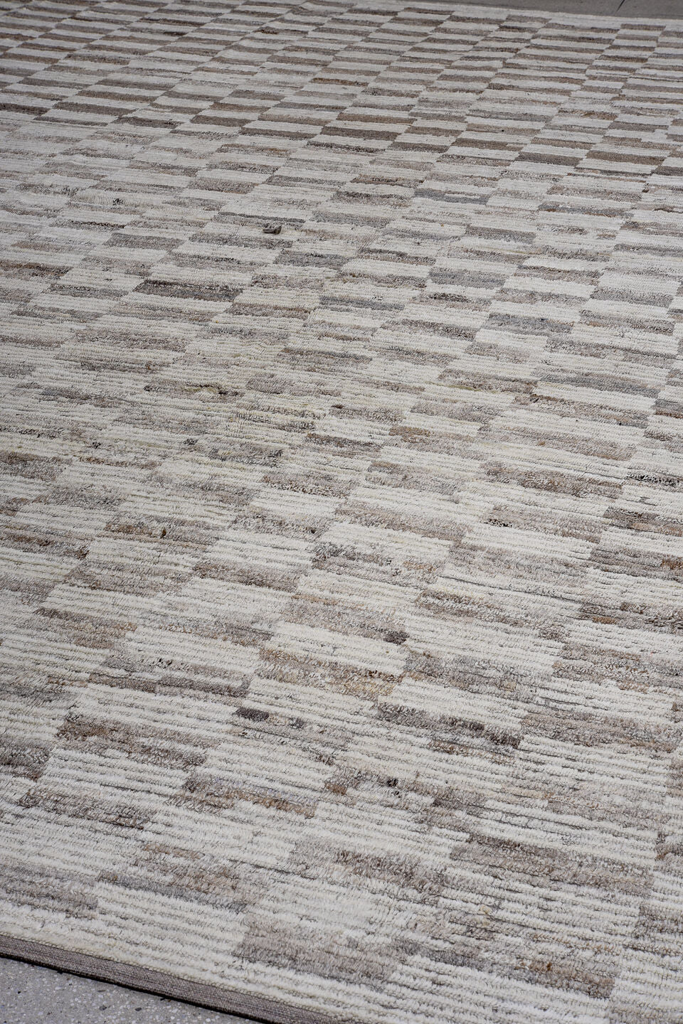 13' x 15' one-of-a-kind handmade vintage Tulu oversize rug. Color palette: ivory, taupe, gray, beige, greige