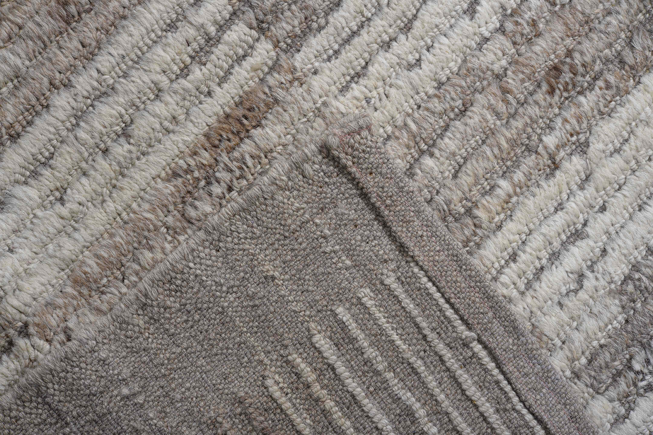 13' x 15' one-of-a-kind handmade vintage Tulu oversize rug. Color palette: ivory, taupe, gray, beige, greige