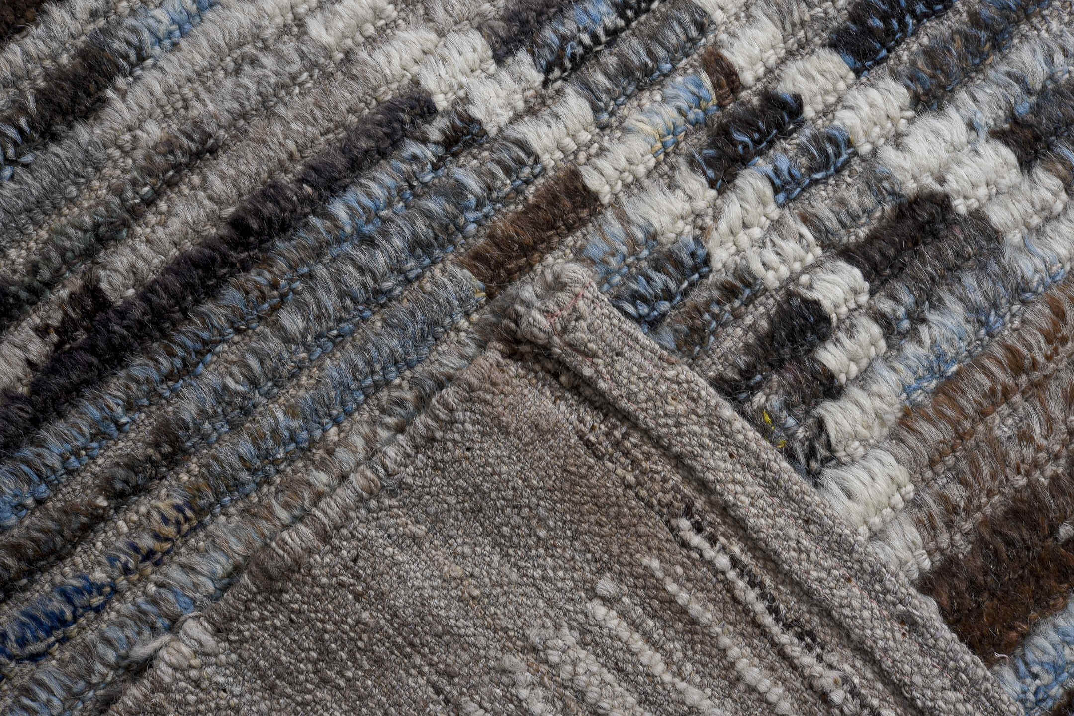 13' x 17' one-of-a-kind handmade vintage Tulu oversize rug. Color palette: taupe, ivory, charcoal, brown, slate, sky blue
