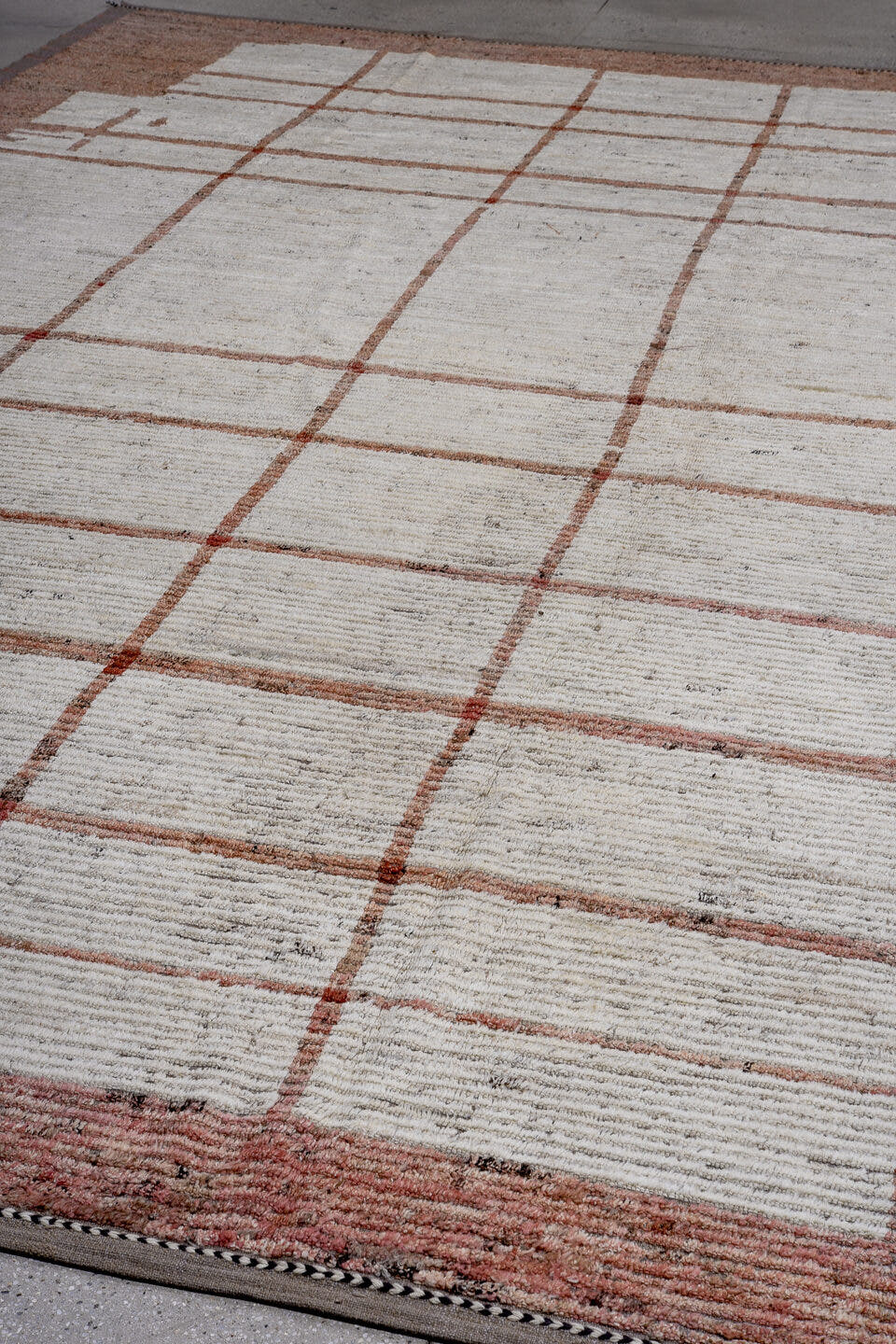 14' x 16' one-of-a-kind handmade vintage Tulu oversize rug. Color palette: ivory, blush, taupe, rose, gray, camel, pink