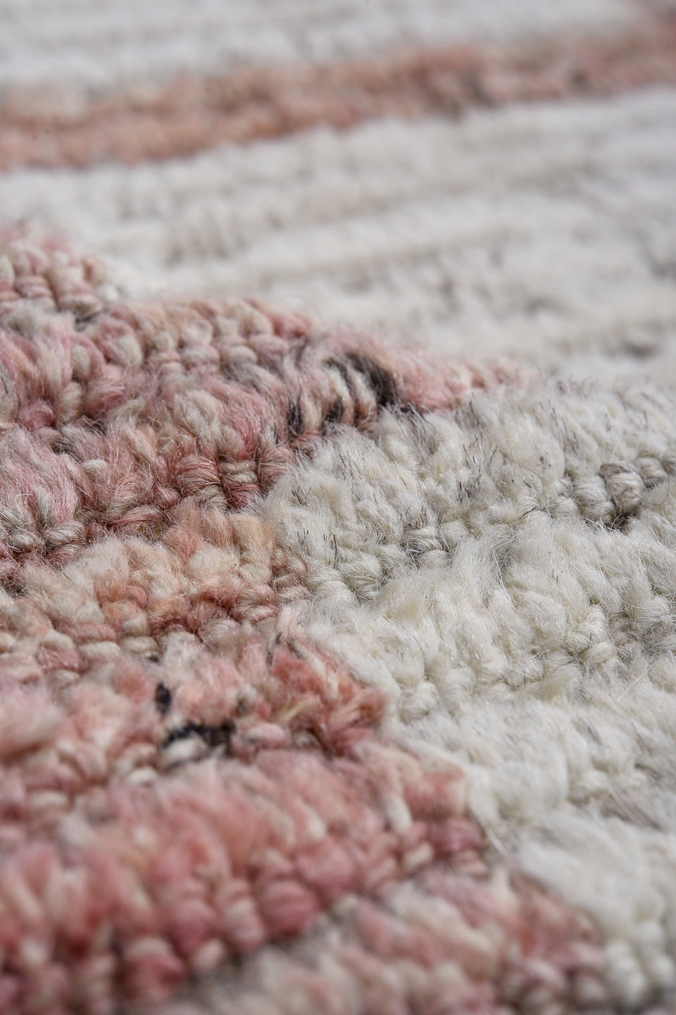 14' x 16' one-of-a-kind handmade vintage Tulu oversize rug. Color palette: ivory, blush, taupe, rose, gray, camel, pink