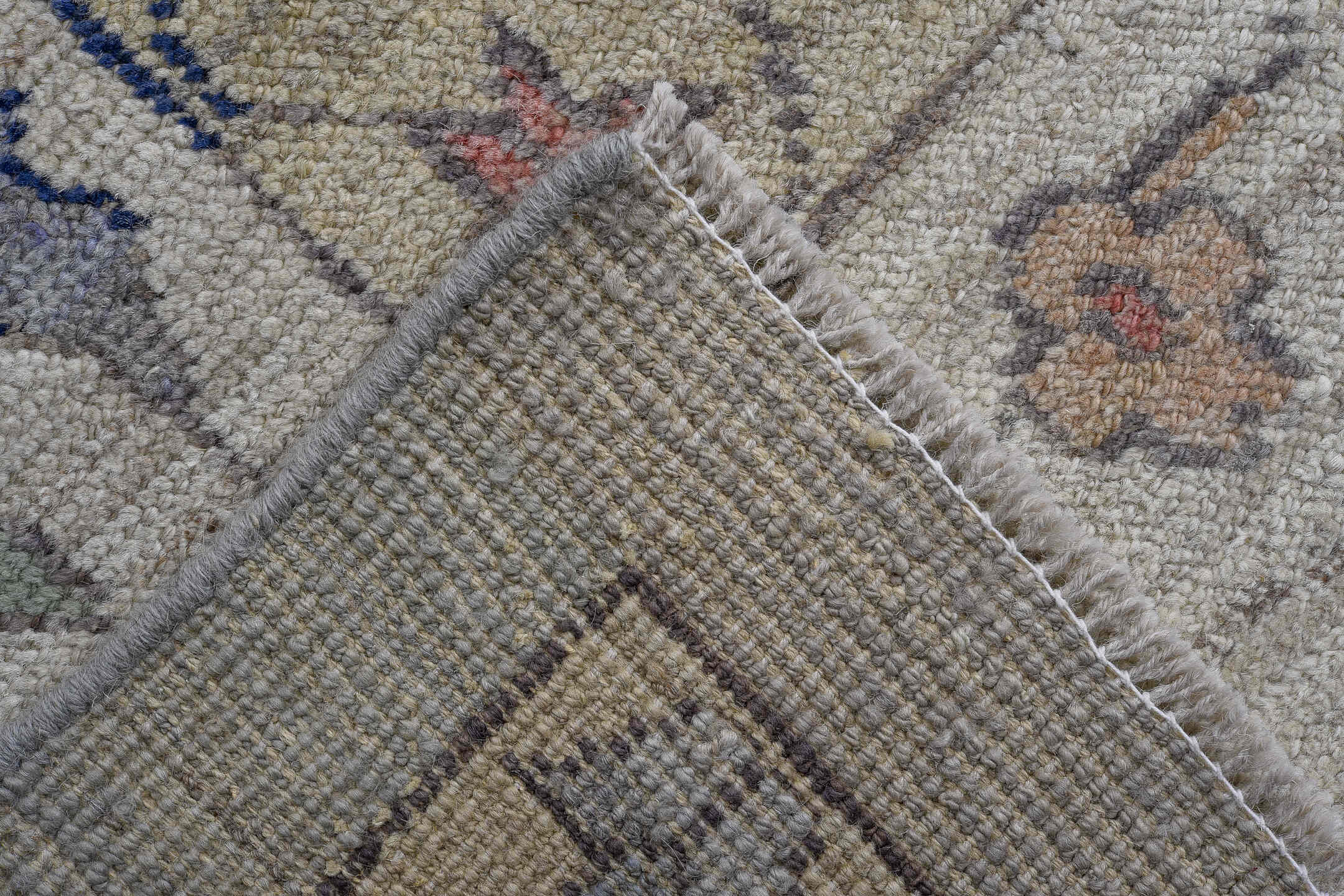 11' x 16' one-of-a-kind handmade vintage Oushak oversize rug. Color palette: gray, ivory, mint, blush, lavender, navy, taupe