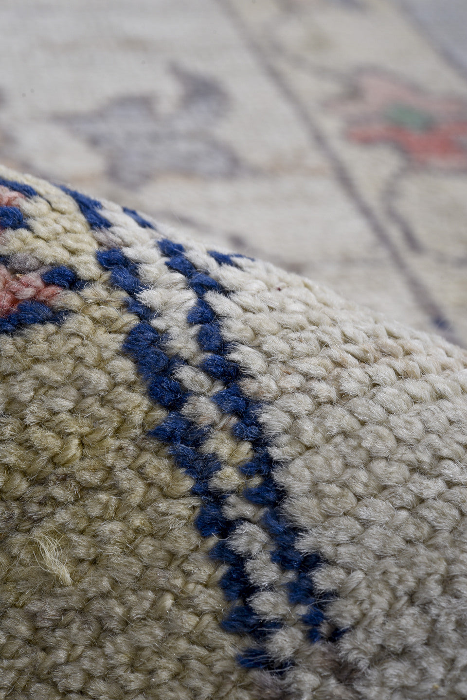 11' x 16' one-of-a-kind handmade vintage Oushak oversize rug. Color palette: gray, ivory, mint, blush, lavender, navy, taupe