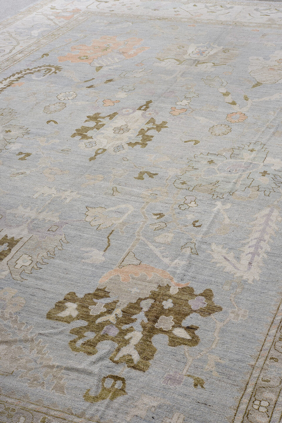 13' x 19' one-of-a-kind handmade vintage Oushak oversize rug. Color palette: pale blue, ivory, taupe, lavender, blush, sage