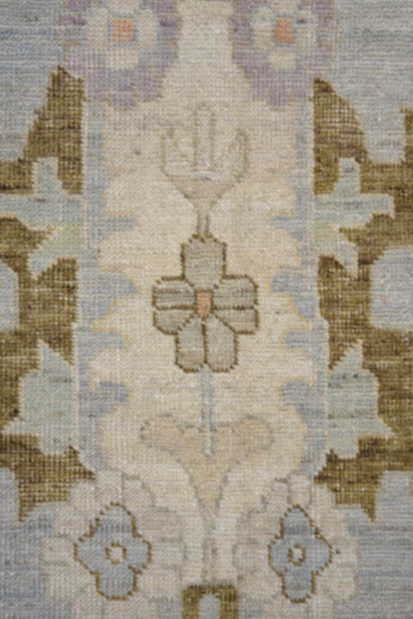 13' x 19' one-of-a-kind handmade vintage Oushak oversize rug. Color palette: pale blue, ivory, taupe, lavender, blush, sage