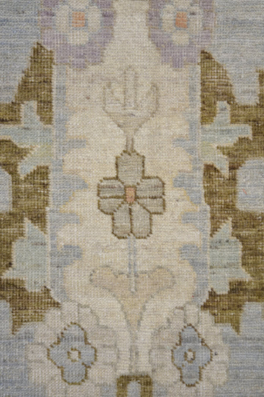 13' x 19' one-of-a-kind handmade vintage Oushak oversize rug. Color palette: pale blue, ivory, taupe, lavender, blush, sage