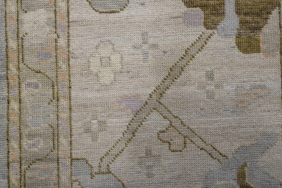 13' x 19' one-of-a-kind handmade vintage Oushak oversize rug. Color palette: pale blue, ivory, taupe, lavender, blush, sage