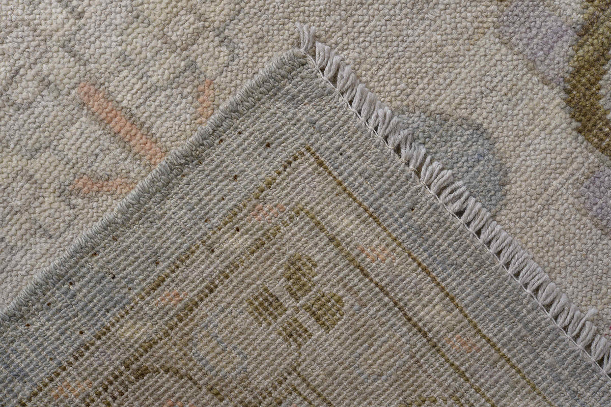 13' x 19' one-of-a-kind handmade vintage Oushak oversize rug. Color palette: pale blue, ivory, taupe, lavender, blush, sage