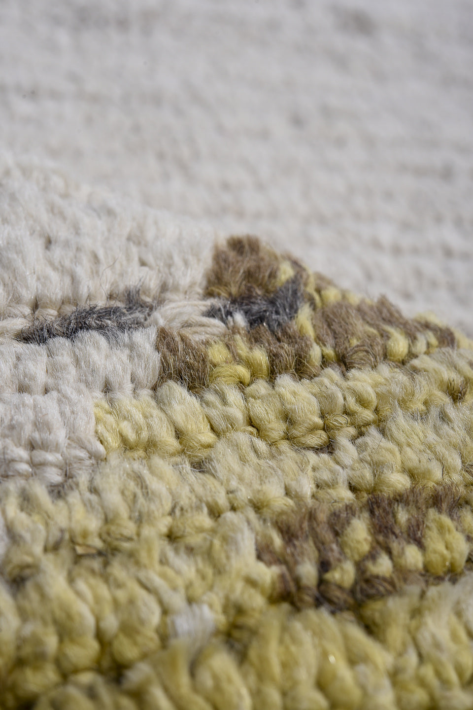 13' x 19' one-of-a-kind handmade vintage Tulu oversize rug. Color palette: ivory, charcoal, gold, blue, taupe, camel, gray