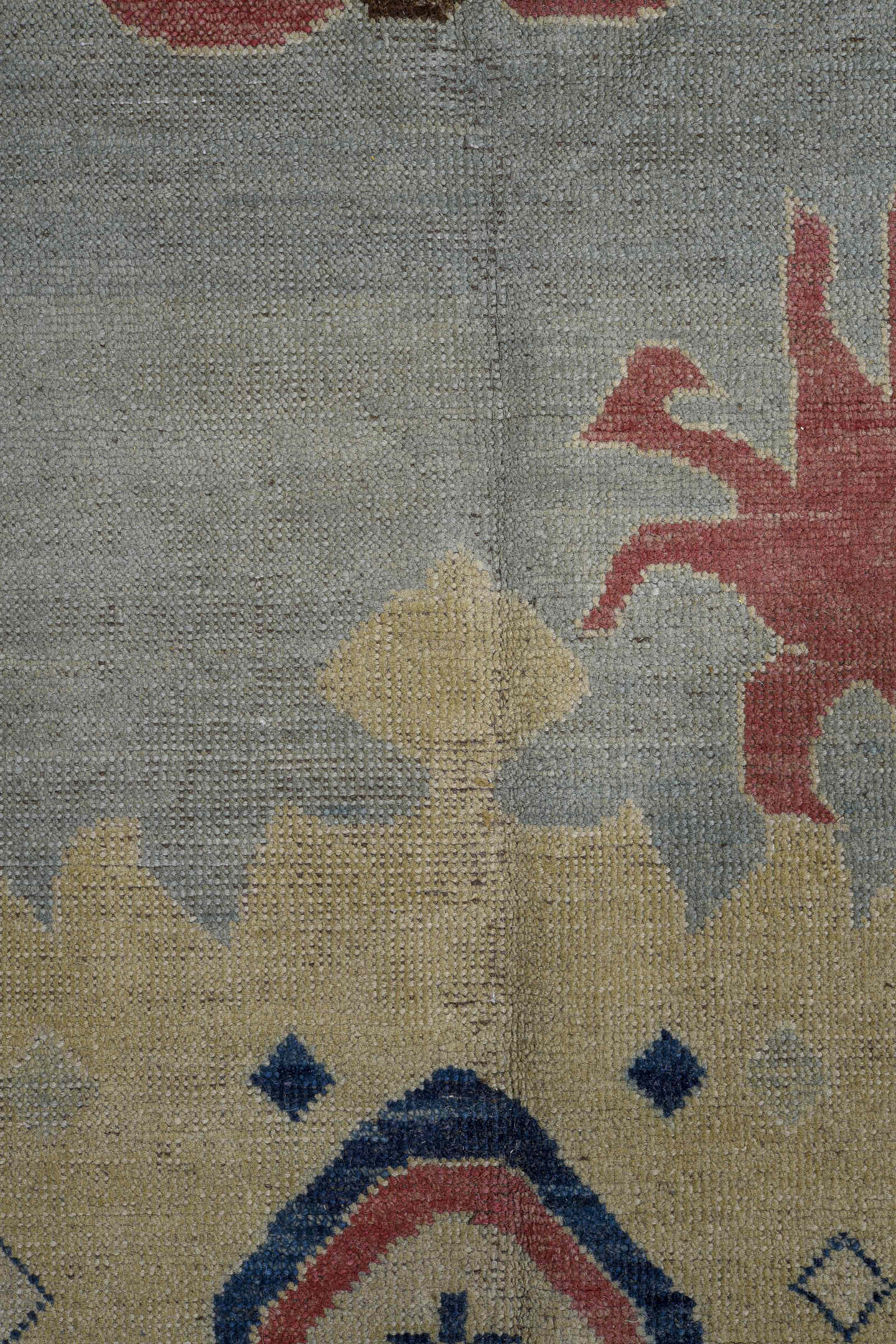 11' x 16' one-of-a-kind handmade vintage Oushak oversize rug. Color palette: pale blue, ivory, rose, rust, navy, cream