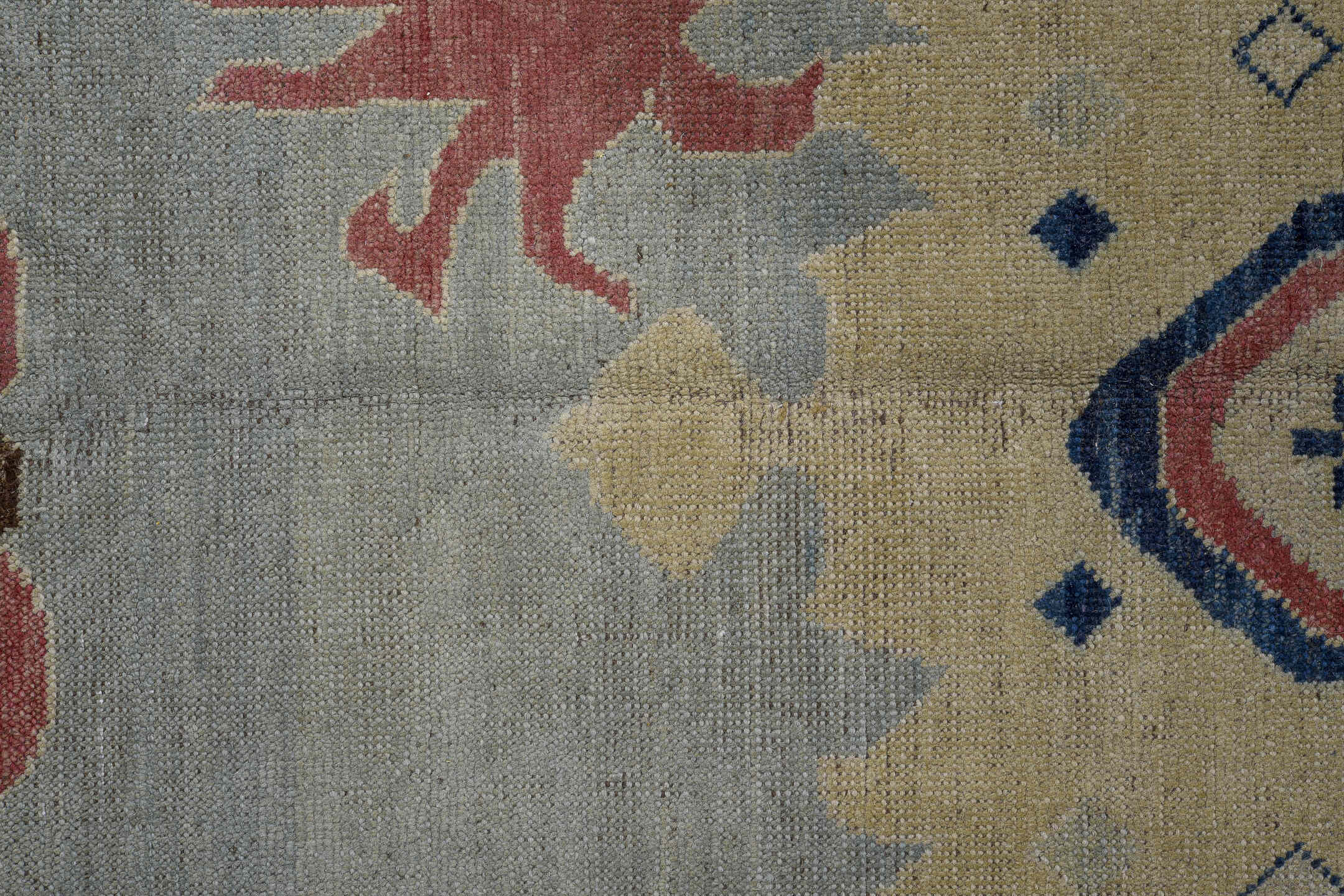 11' x 16' one-of-a-kind handmade vintage Oushak oversize rug. Color palette: blue, brown, gray, pink, red