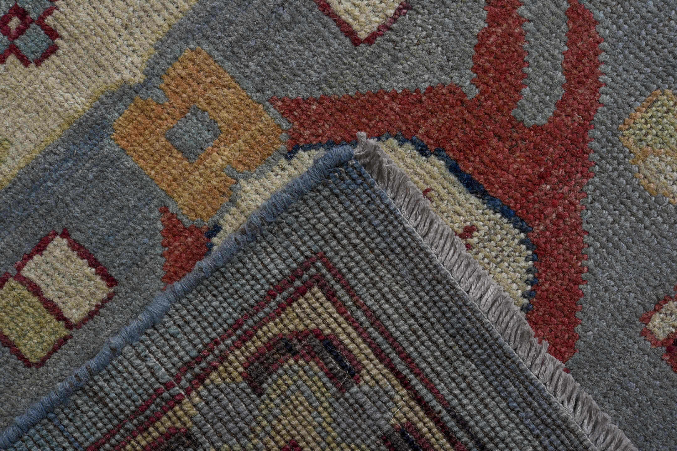 11' x 16' one-of-a-kind handmade vintage Oushak oversize rug. Color palette: blue, brown, gray, pink, red