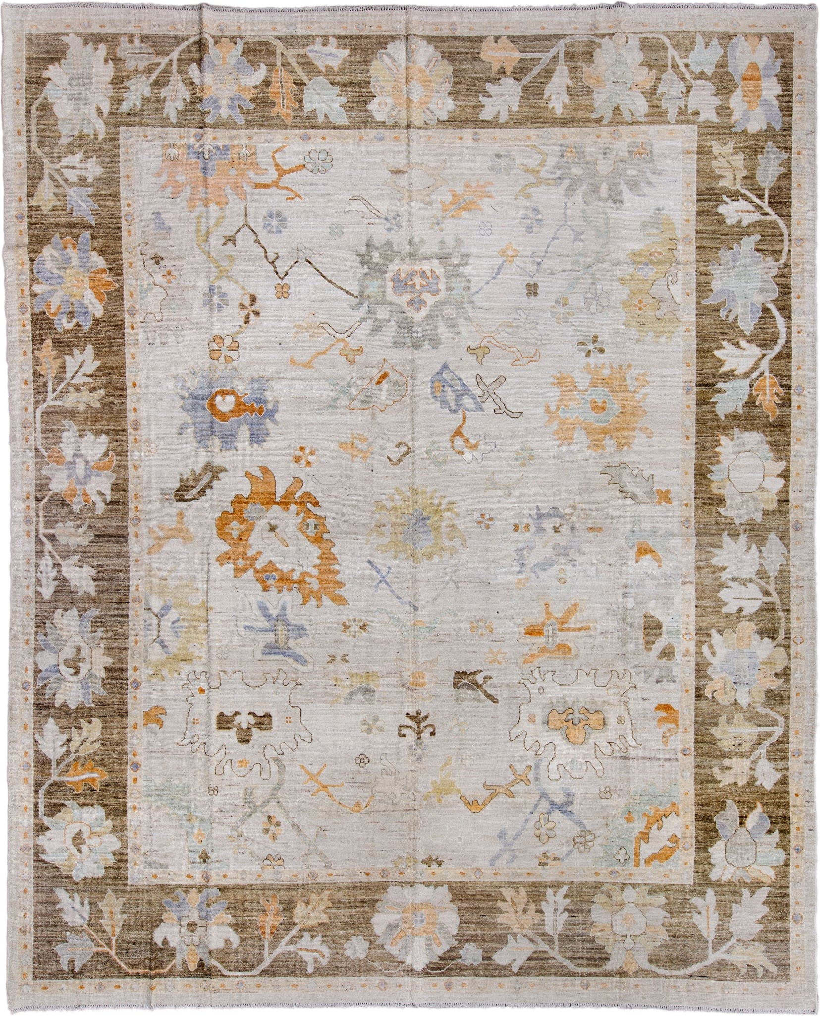 11' x 14' one-of-a-kind handmade vintage Oushak oversize rug. Color palette: ivory, taupe, olive, pale blue, gold, cream