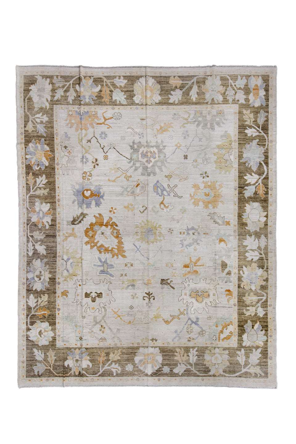 11' x 14' one-of-a-kind handmade vintage Oushak oversize rug. Color palette: brown, dim gray, gainsboro, gray, light gray