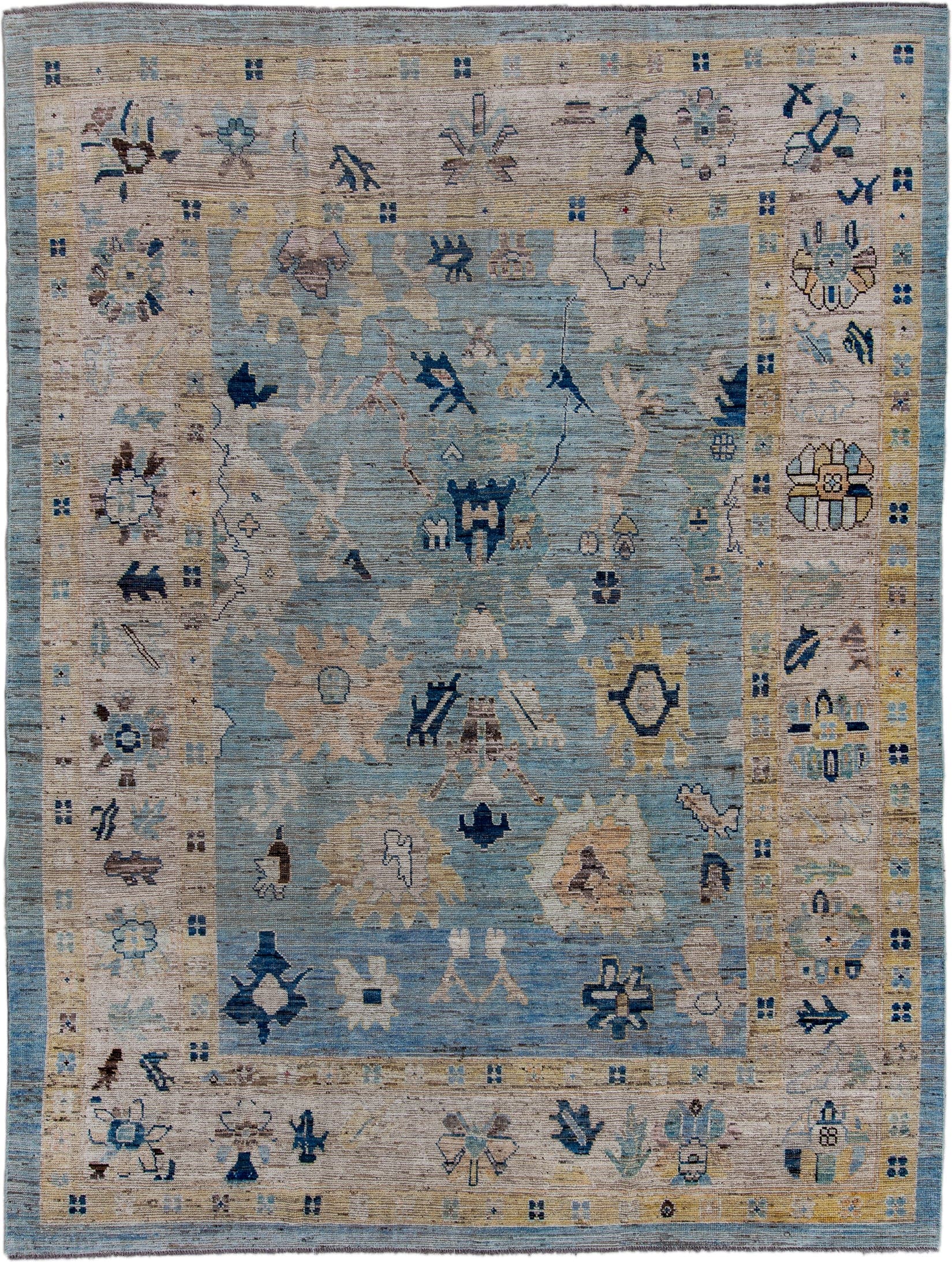 10' x 13' one-of-a-kind handmade vintage Oushak large size rug. Color palette: pale blue, ivory, sand, navy, taupe, beige