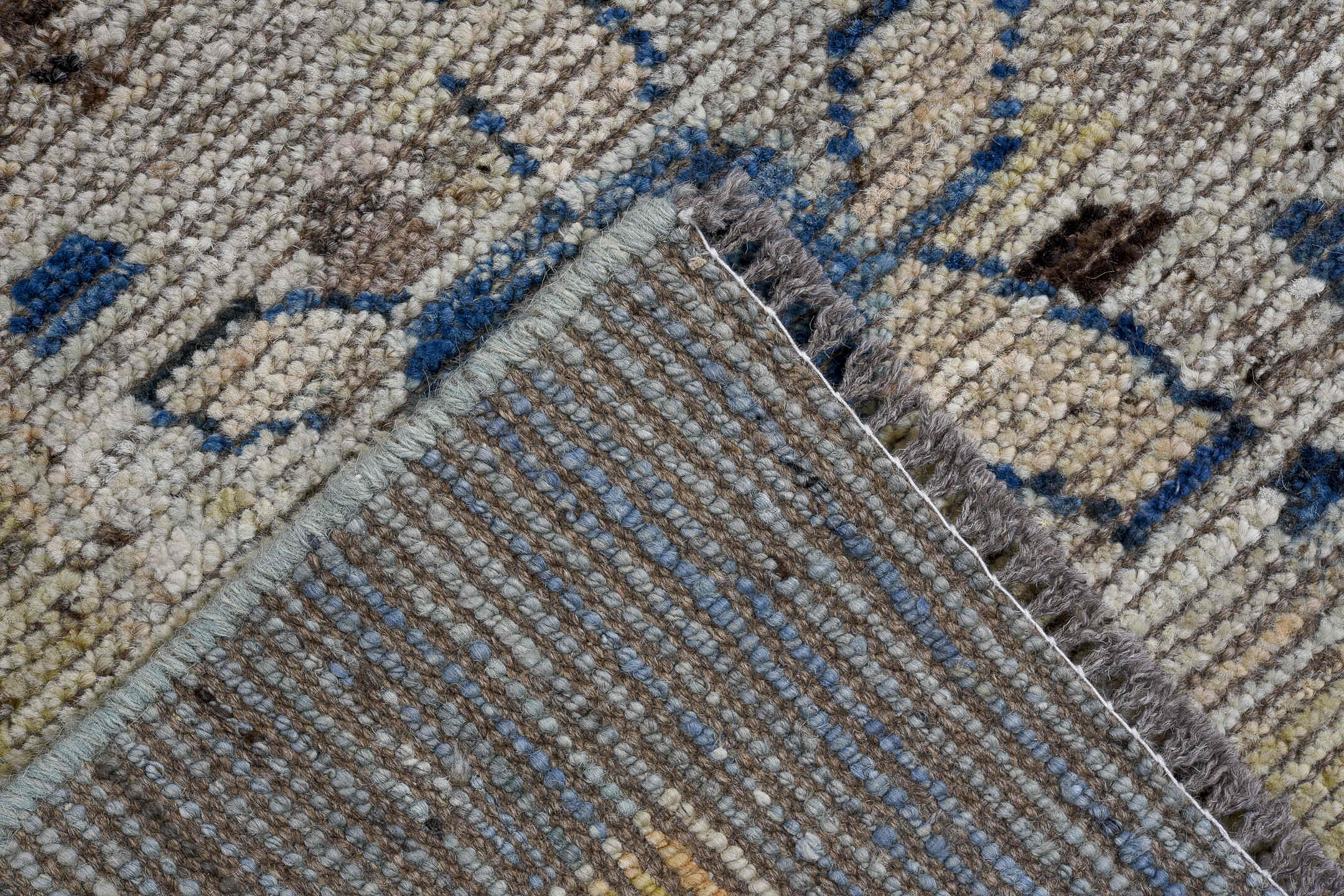 10' x 13' one-of-a-kind handmade vintage Oushak large size rug. Color palette: pale blue, ivory, sand, navy, taupe, beige