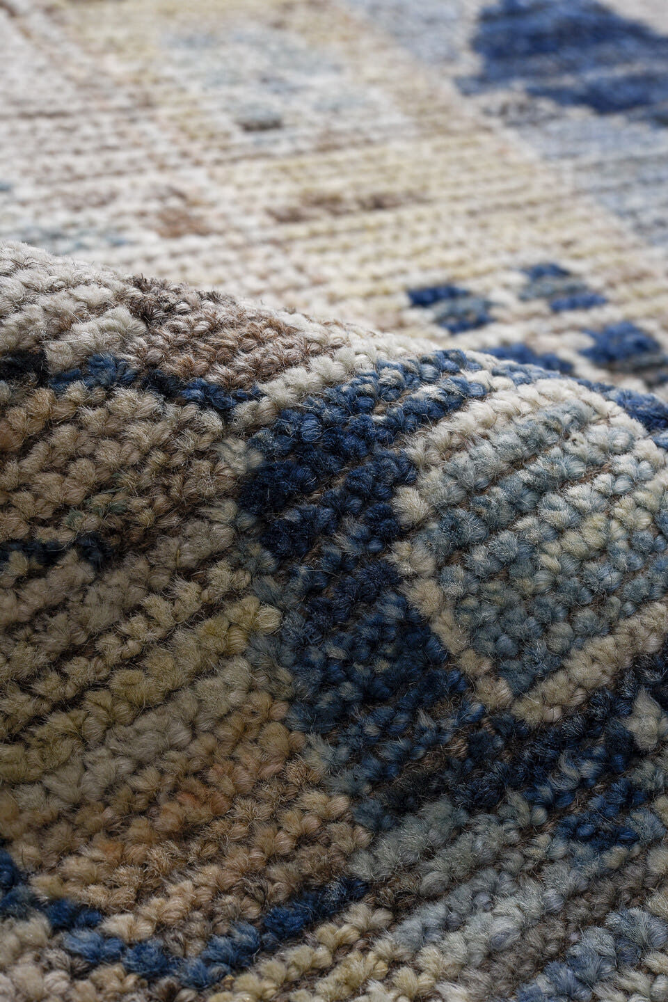 10' x 13' one-of-a-kind handmade vintage Oushak large size rug. Color palette: pale blue, ivory, sand, navy, taupe, beige