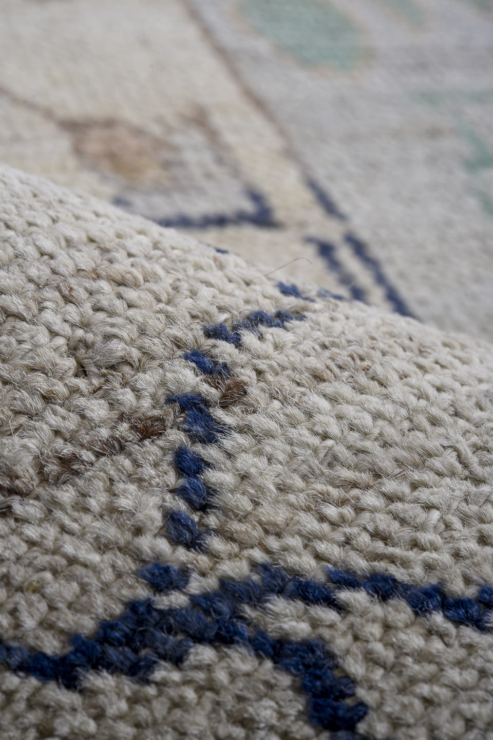 11' x 15' one-of-a-kind handmade vintage Oushak oversize rug. Color palette: ivory, taupe, sage, aqua, blush, navy, gold