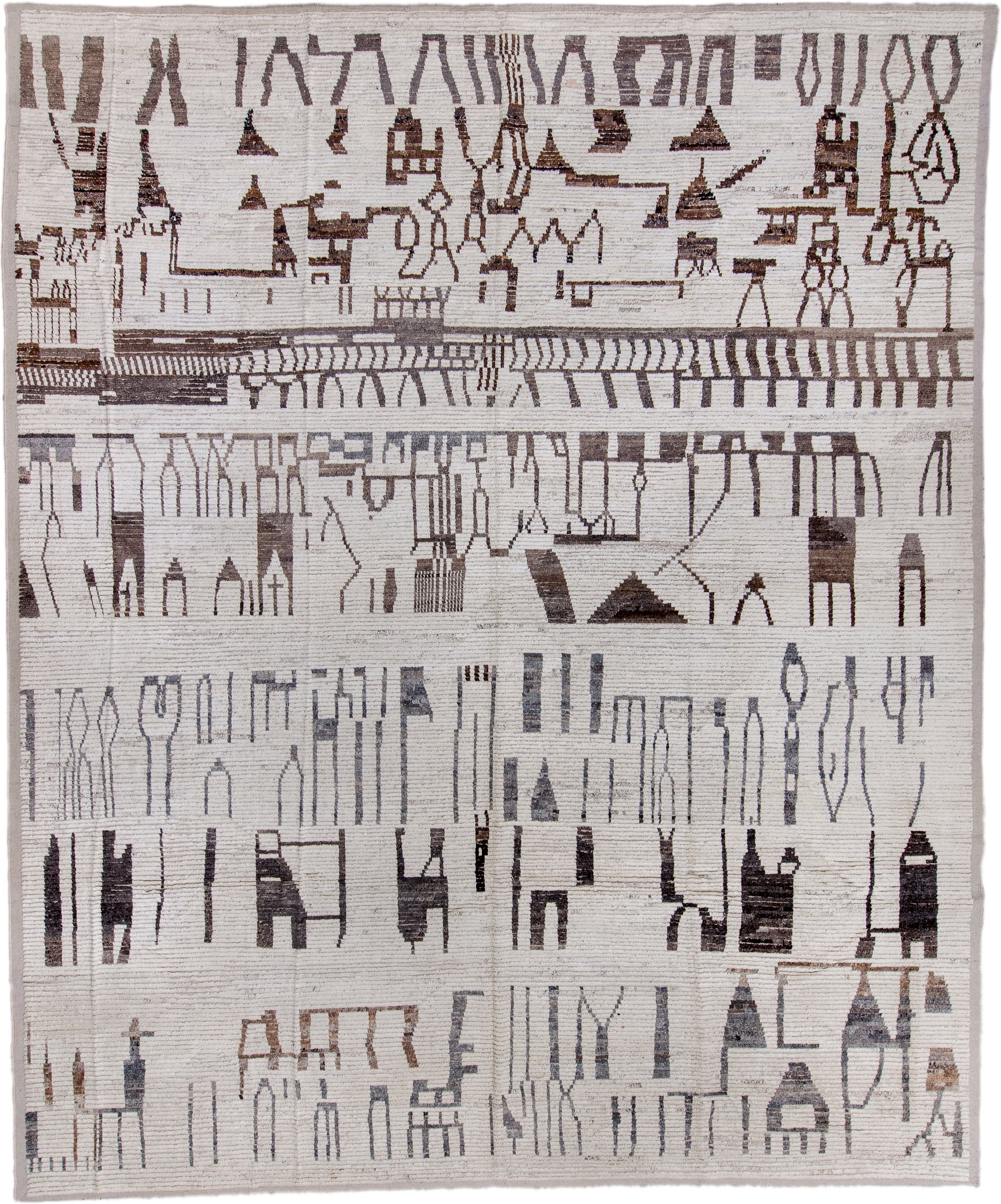 13' x 16' one-of-a-kind handmade vintage Tulu oversize rug. Color palette: ivory, charcoal, taupe, slate, gray, black, beige