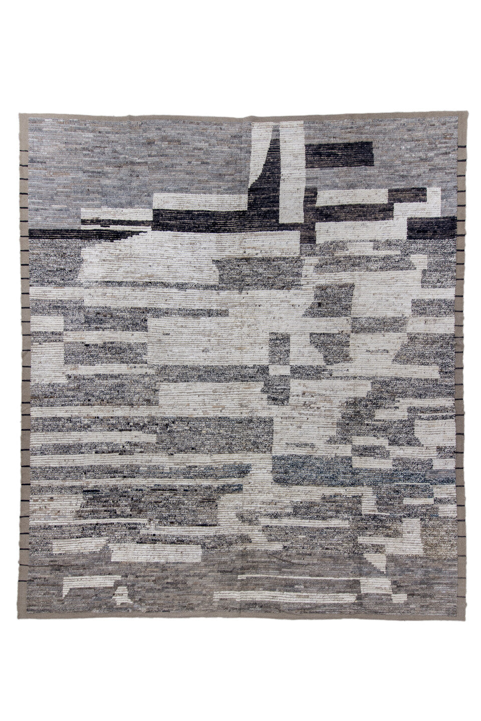 13' x 15' one-of-a-kind handmade vintage Tulu oversize rug. Color palette: black, brown, charcoal, gray, pink, red