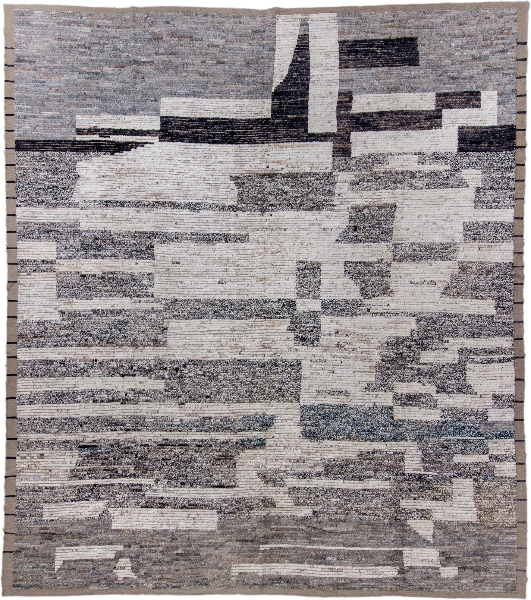 13' x 15' one-of-a-kind handmade vintage Tulu oversize rug. Color palette: ivory, gray, taupe, charcoal, cream, slate, beige