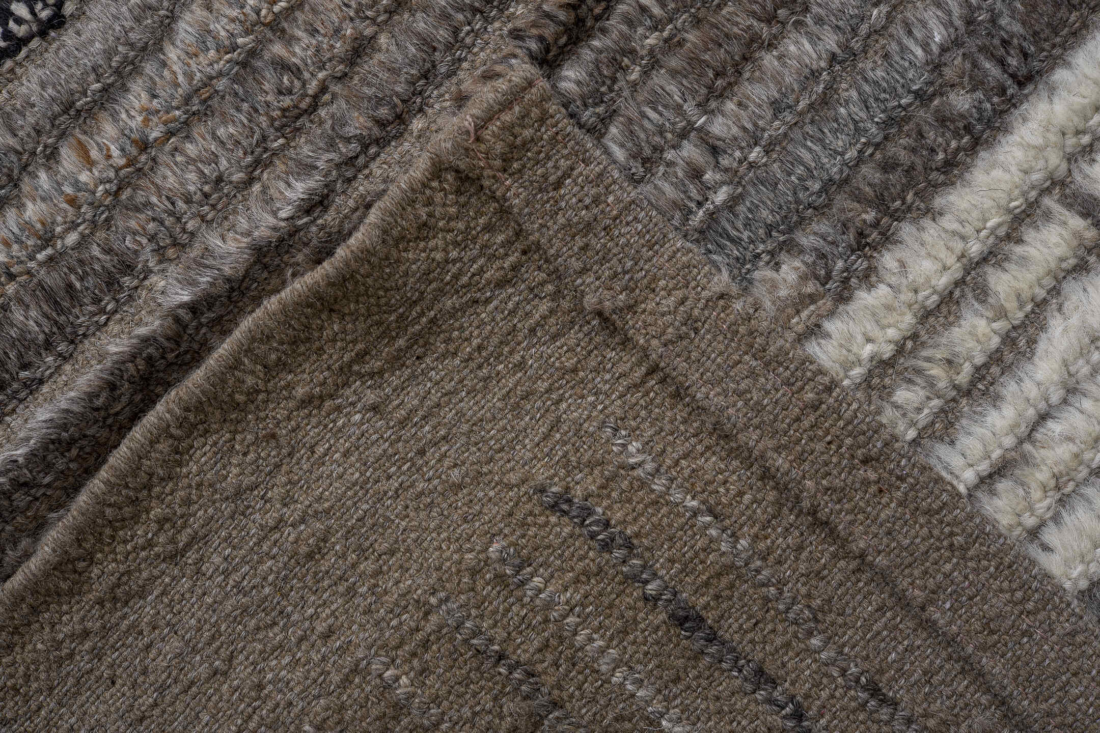 13' x 15' one-of-a-kind handmade vintage Tulu oversize rug. Color palette: ivory, gray, taupe, charcoal, cream, slate, beige